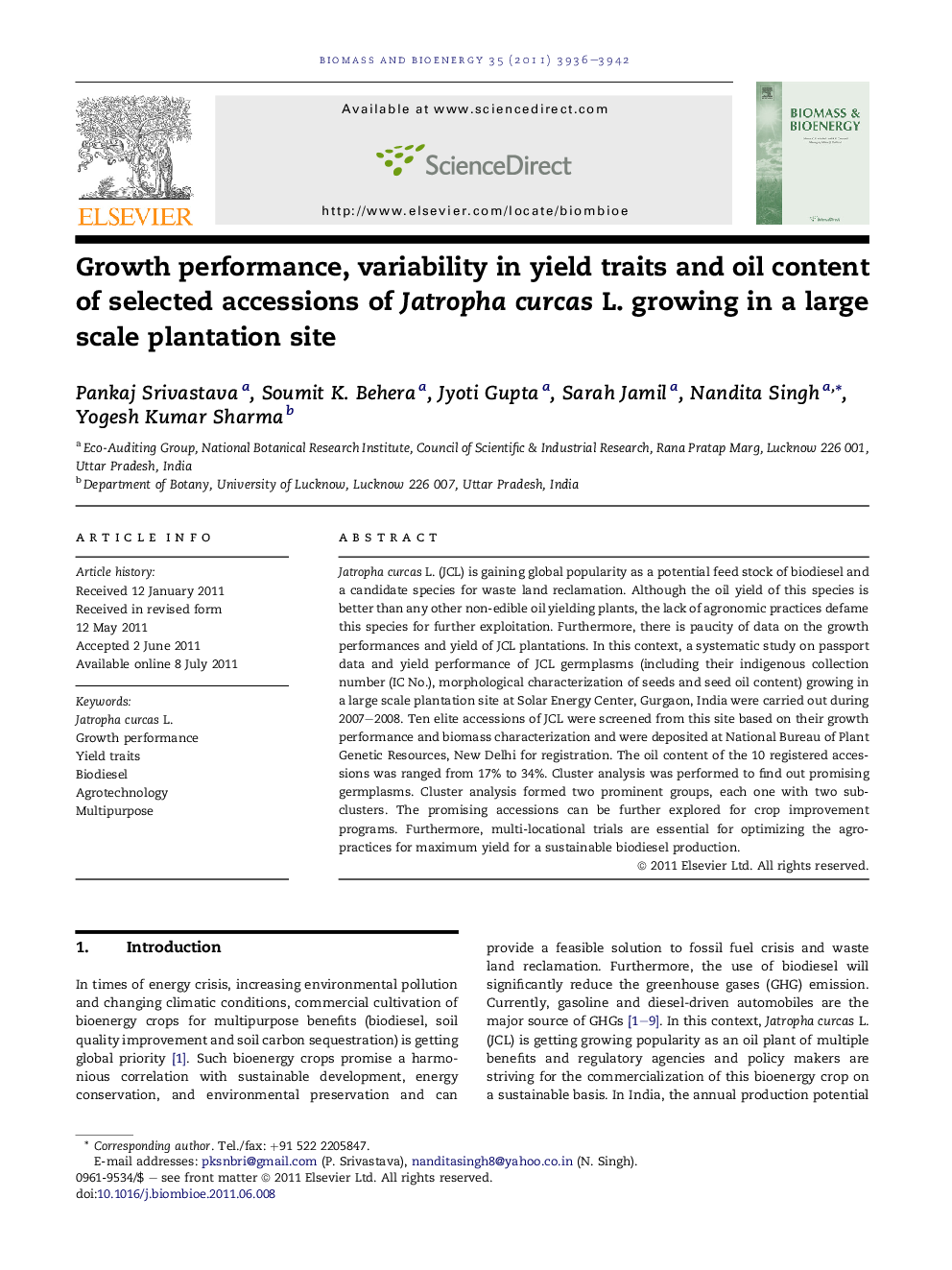 Growth performance, variability in yield traits and oil content of selected accessions of Jatropha curcas L. growing in a large scale plantation site