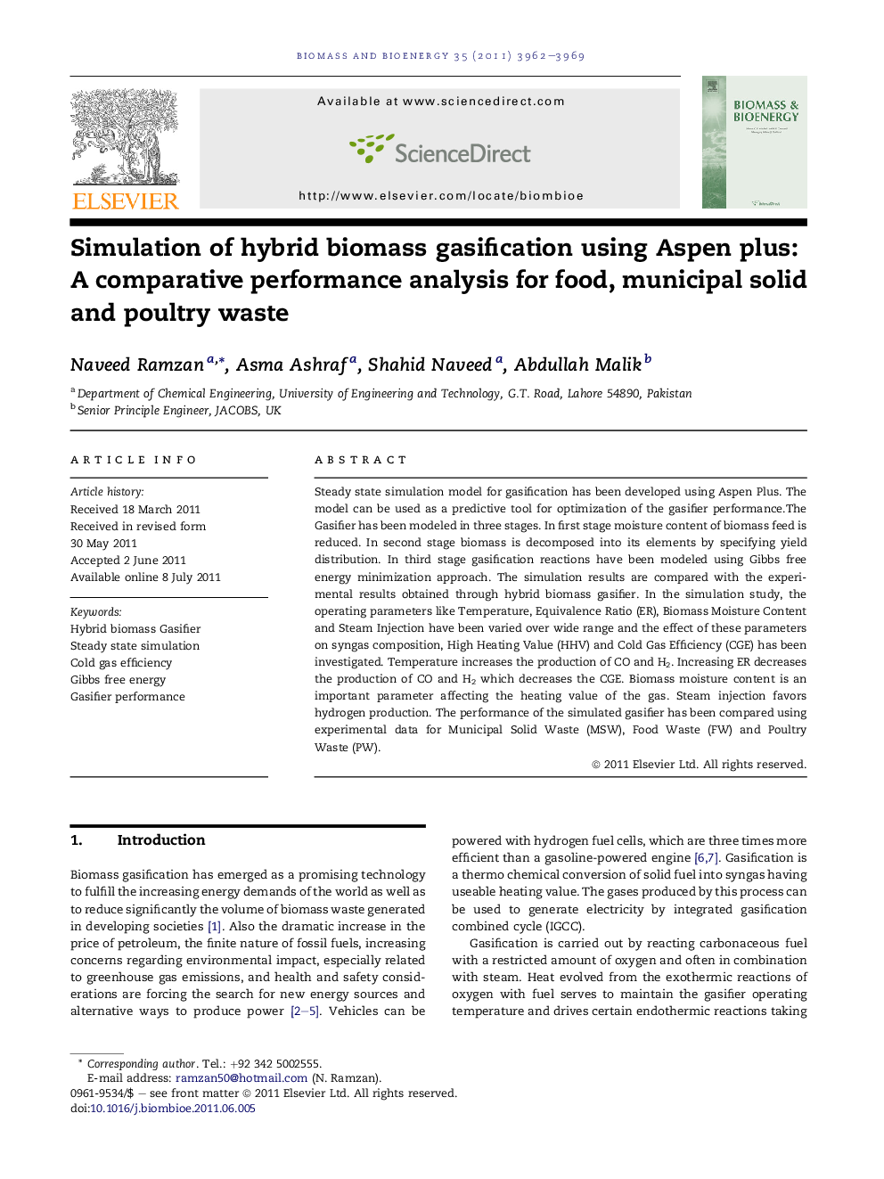 Simulation of hybrid biomass gasification using Aspen plus: A comparative performance analysis for food, municipal solid and poultry waste