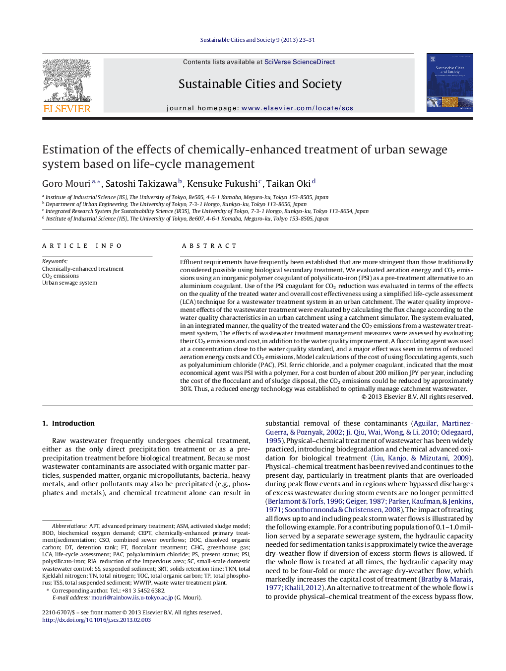 Estimation of the effects of chemically-enhanced treatment of urban sewage system based on life-cycle management