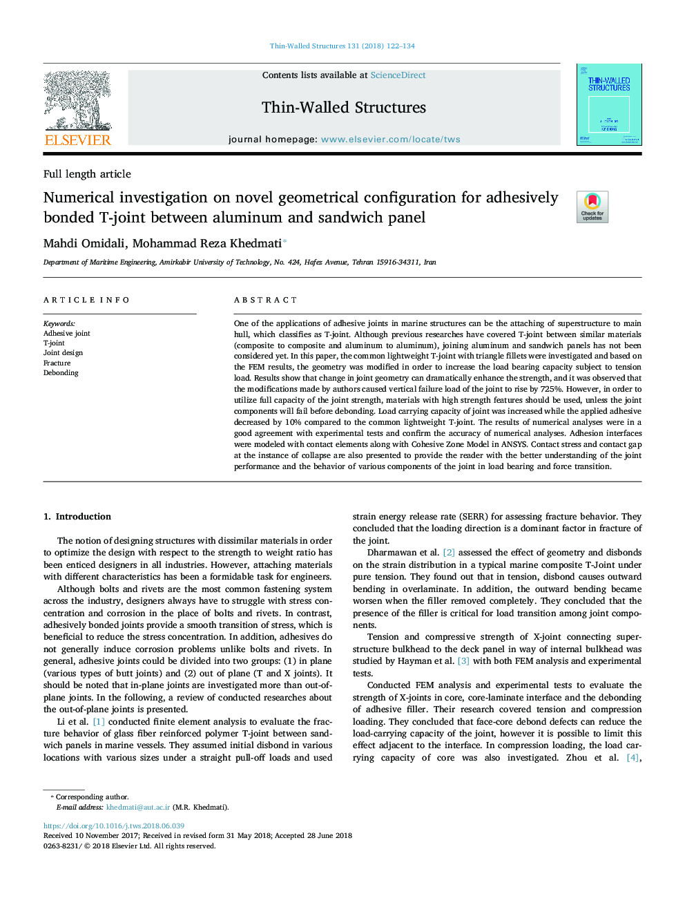 Numerical investigation on novel geometrical configuration for adhesively bonded T-joint between aluminum and sandwich panel