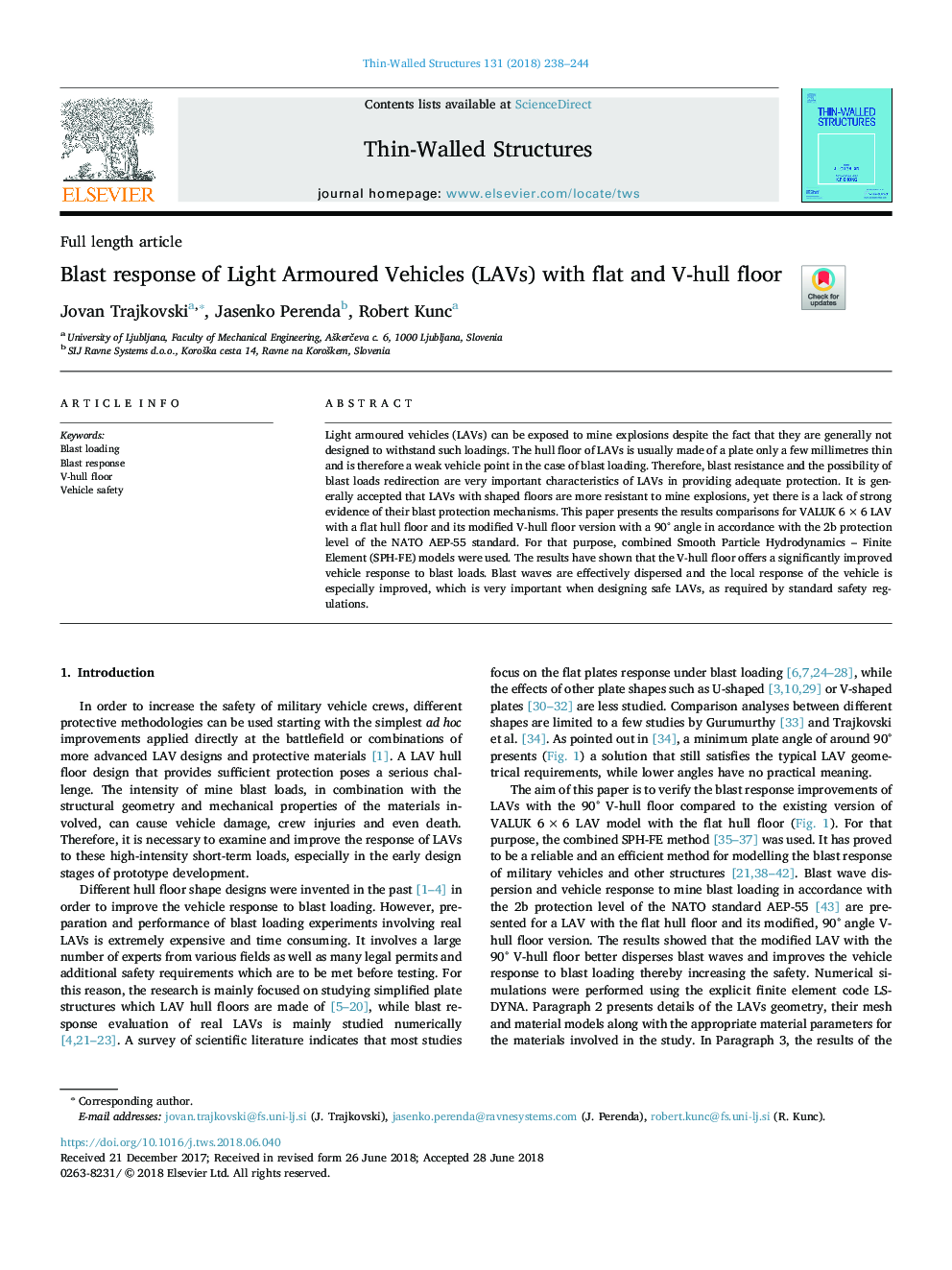 Blast response of Light Armoured Vehicles (LAVs) with flat and V-hull floor