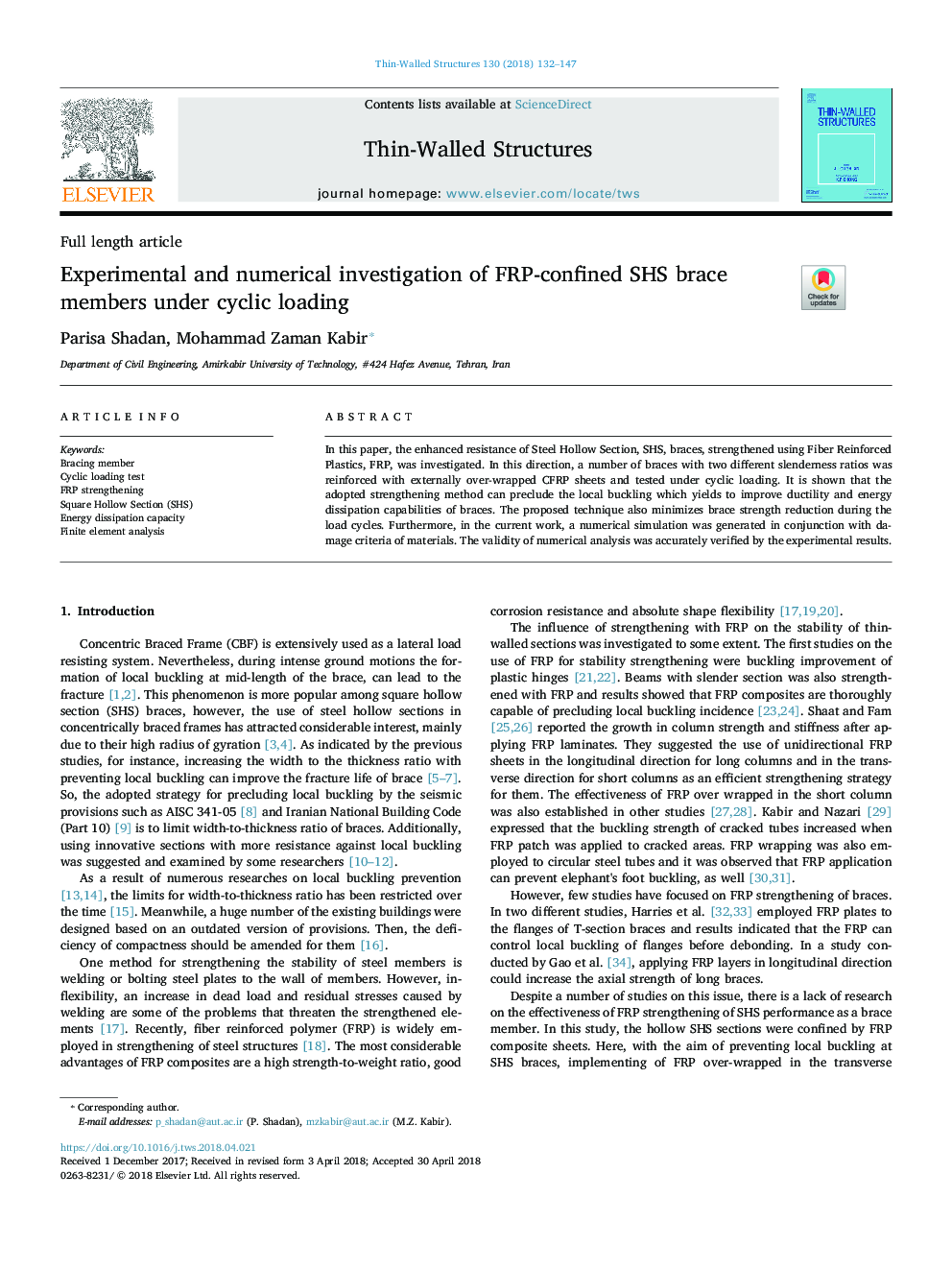 Experimental and numerical investigation of FRP-confined SHS brace members under cyclic loading