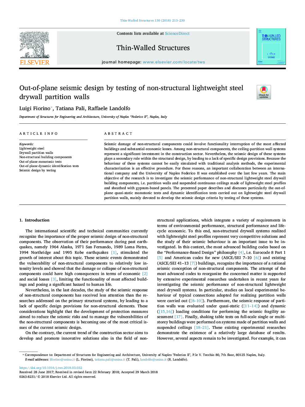 Out-of-plane seismic design by testing of non-structural lightweight steel drywall partition walls