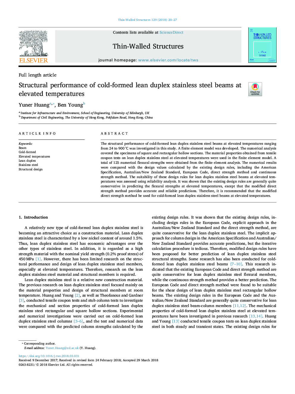 Structural performance of cold-formed lean duplex stainless steel beams at elevated temperatures