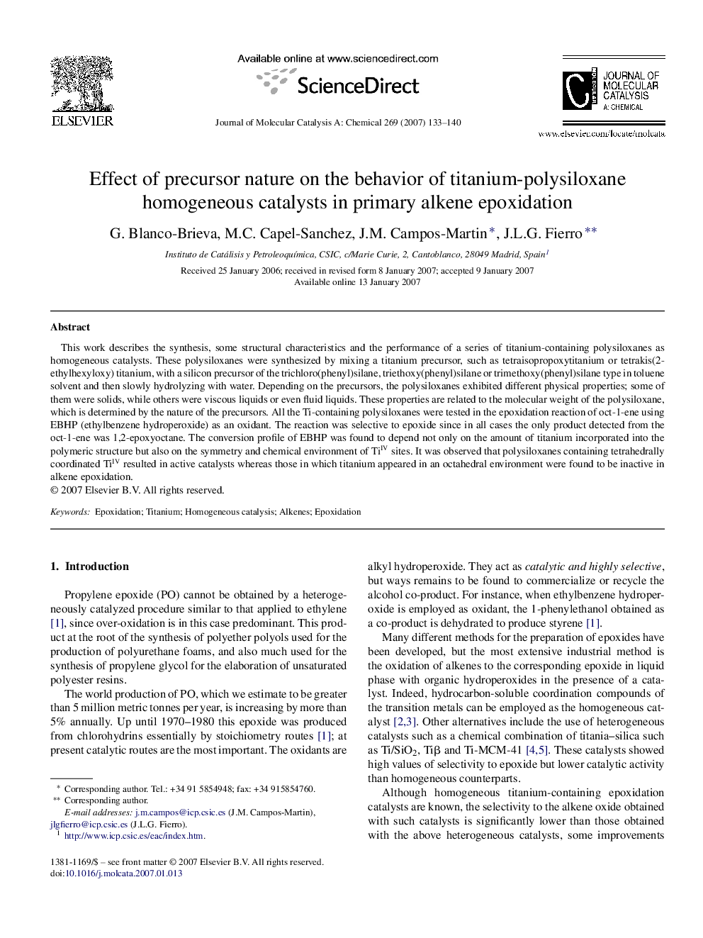 Effect of precursor nature on the behavior of titanium-polysiloxane homogeneous catalysts in primary alkene epoxidation