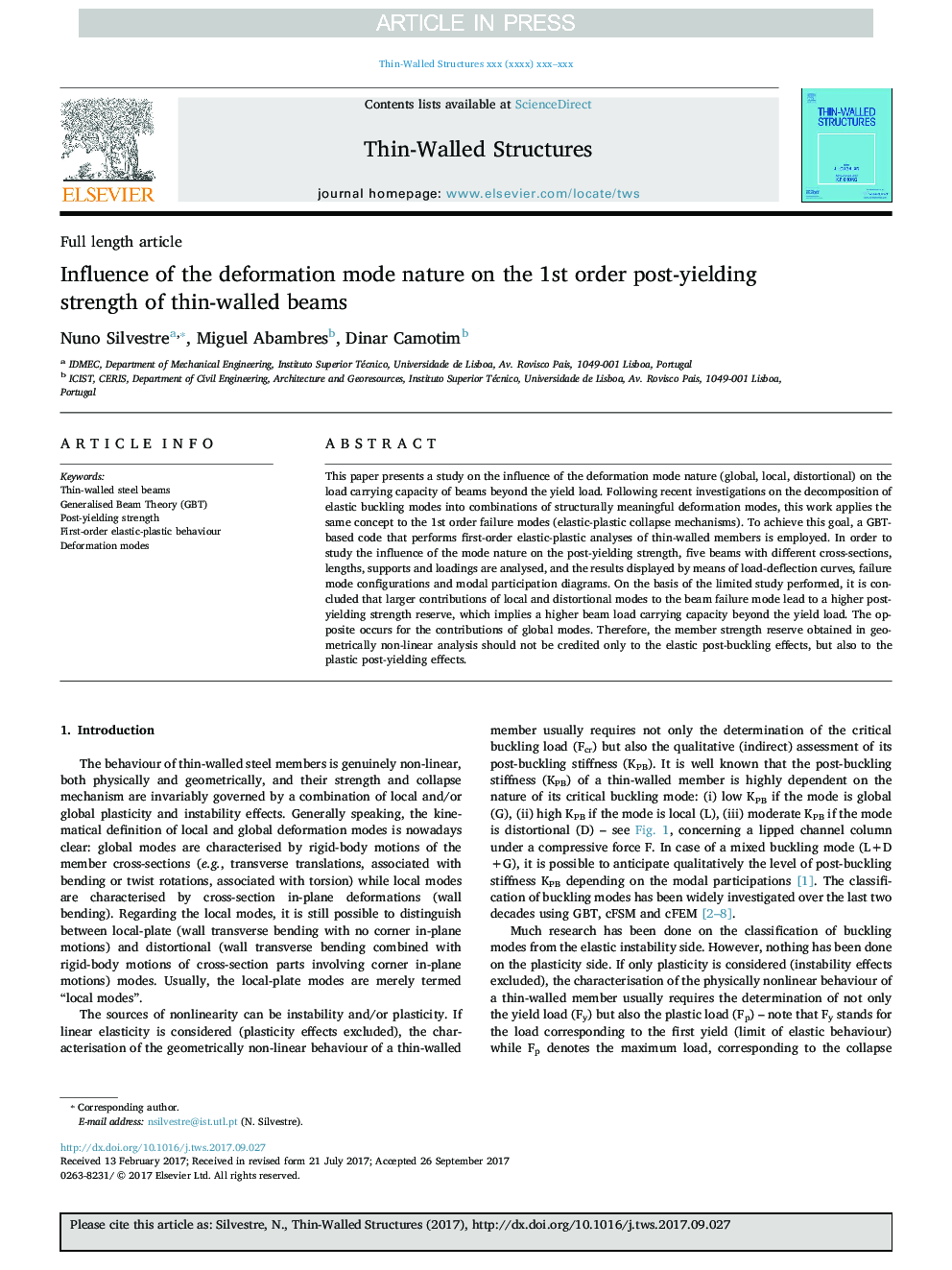 Influence of the deformation mode nature on the 1st order post-yielding strength of thin-walled beams