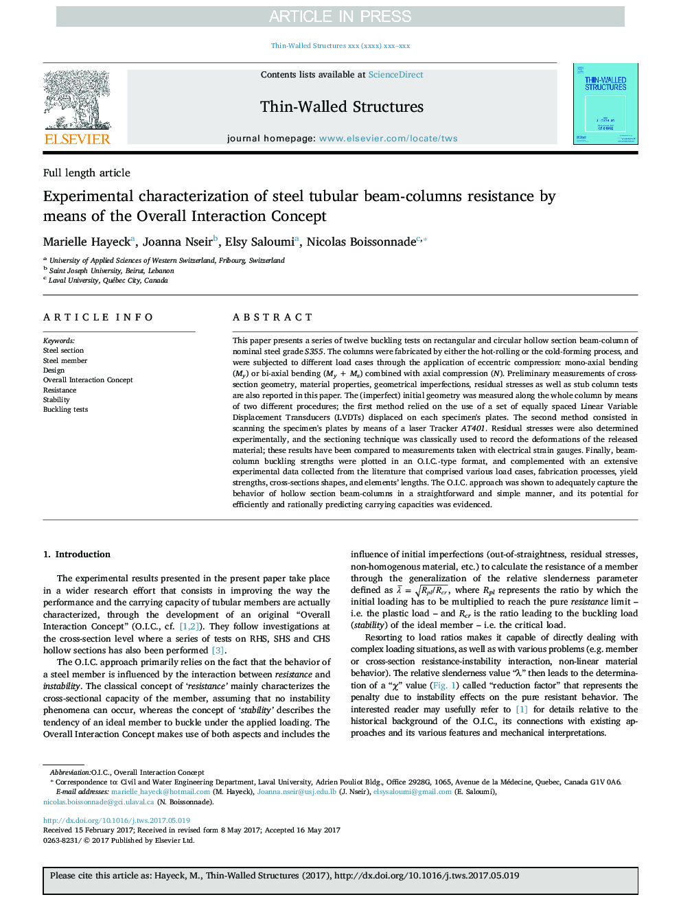 Experimental characterization of steel tubular beam-columns resistance by means of the Overall Interaction Concept