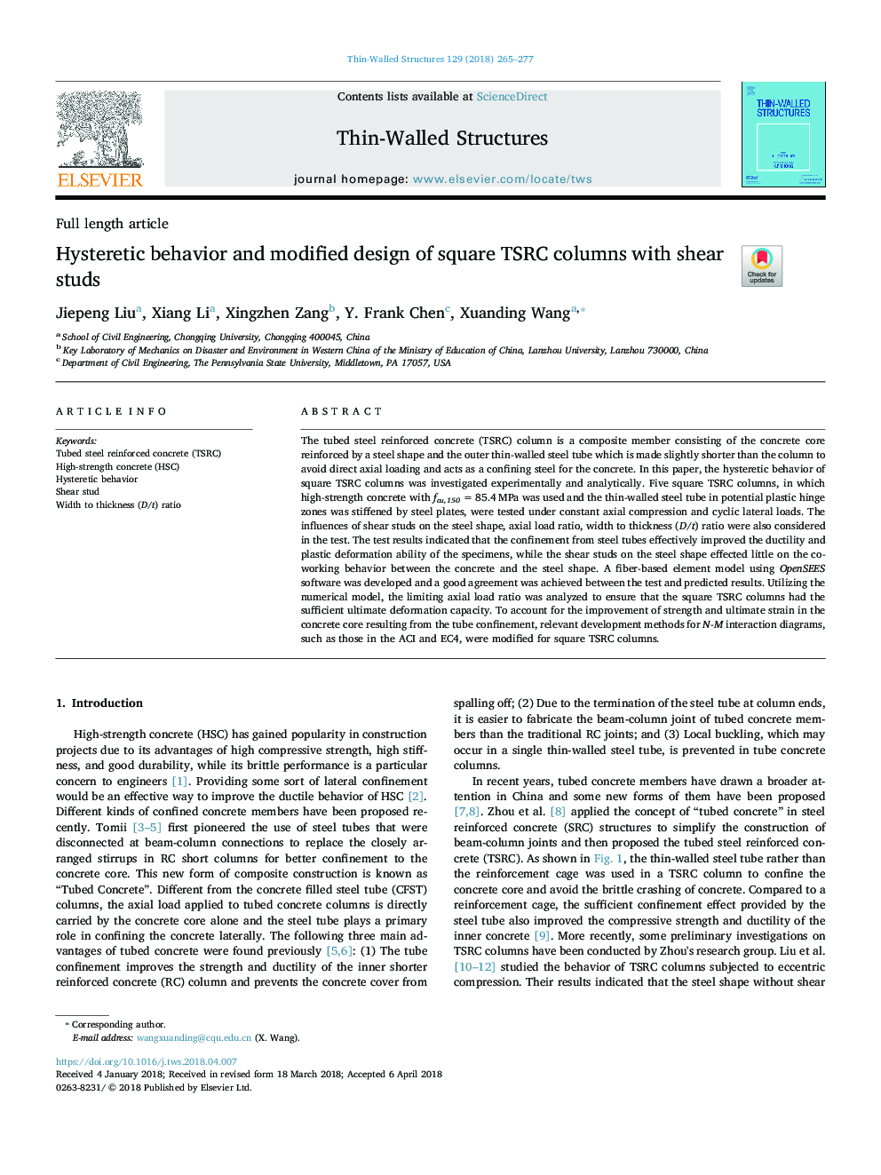 Hysteretic behavior and modified design of square TSRC columns with shear studs