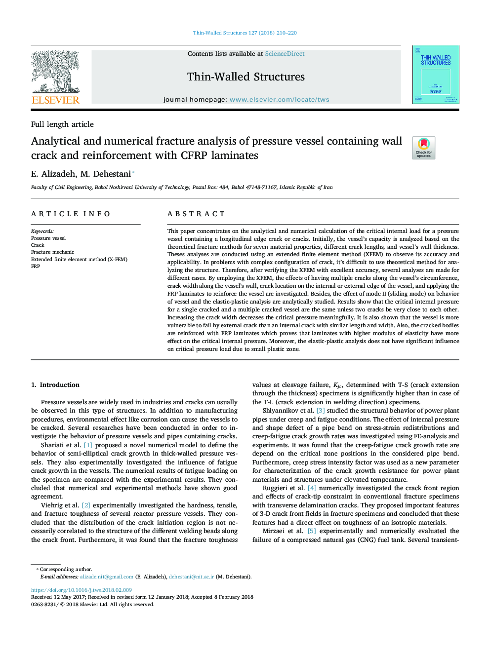 Analytical and numerical fracture analysis of pressure vessel containing wall crack and reinforcement with CFRP laminates