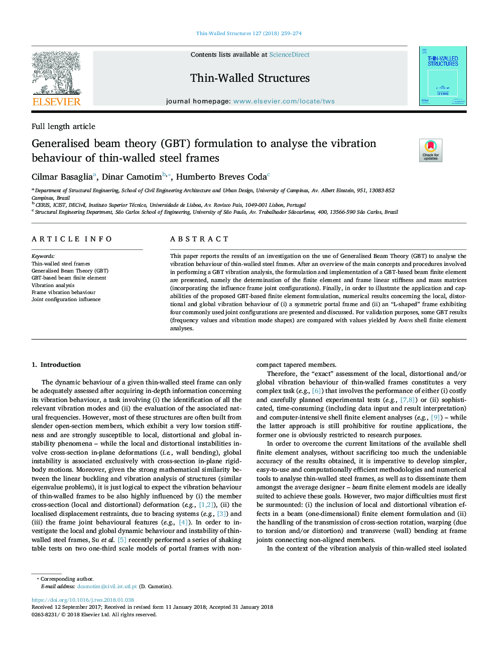 Generalised beam theory (GBT) formulation to analyse the vibration behaviour of thin-walled steel frames