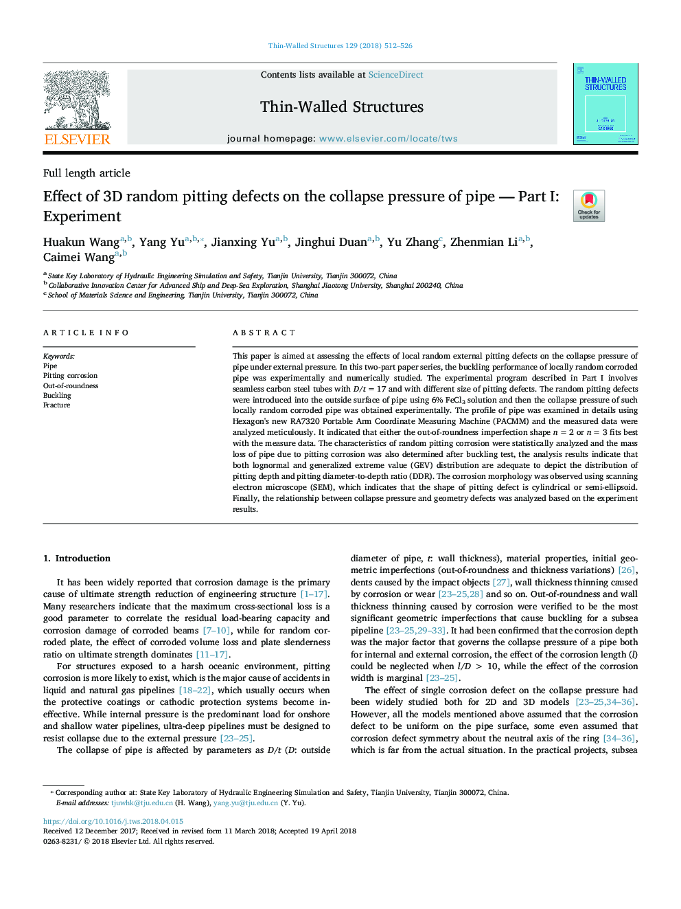 Effect of 3D random pitting defects on the collapse pressure of pipe - Part I: Experiment