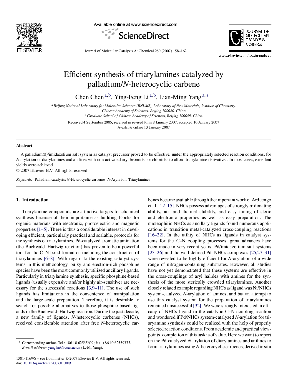 Efficient synthesis of triarylamines catalyzed by palladium/N-heterocyclic carbene