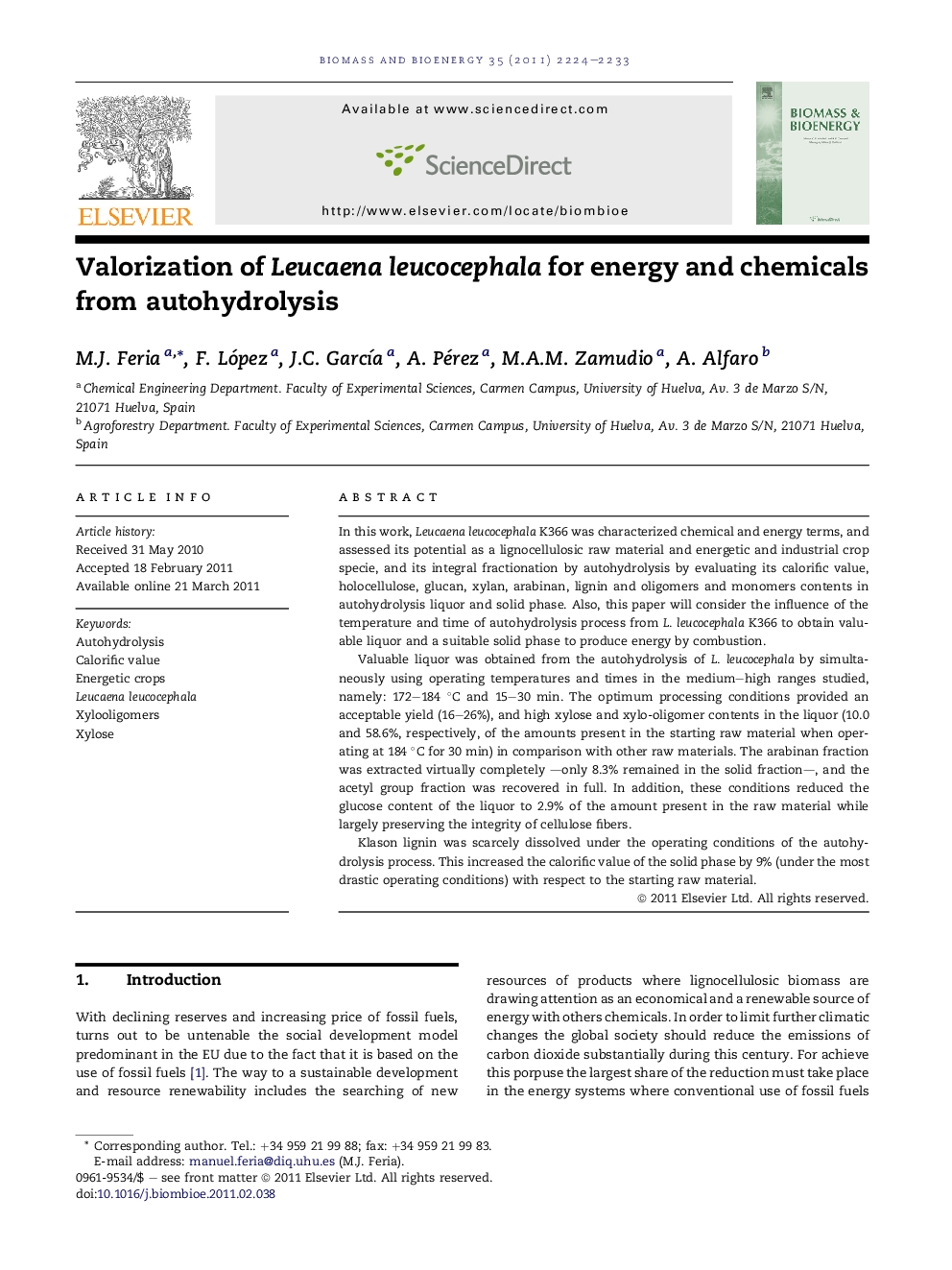 Valorization of Leucaena leucocephala for energy and chemicals from autohydrolysis