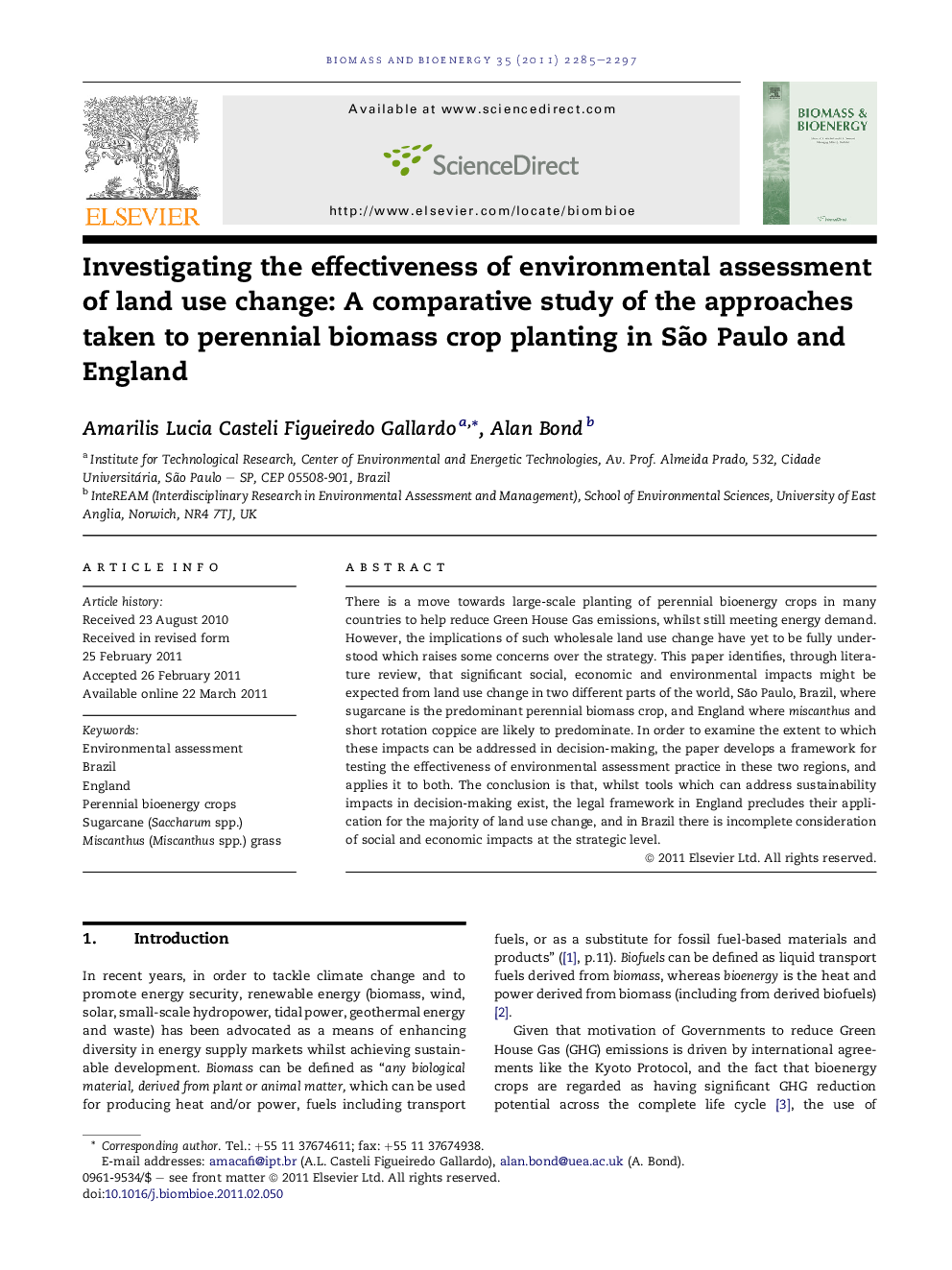 Investigating the effectiveness of environmental assessment of land use change: A comparative study of the approaches taken to perennial biomass crop planting in São Paulo and England