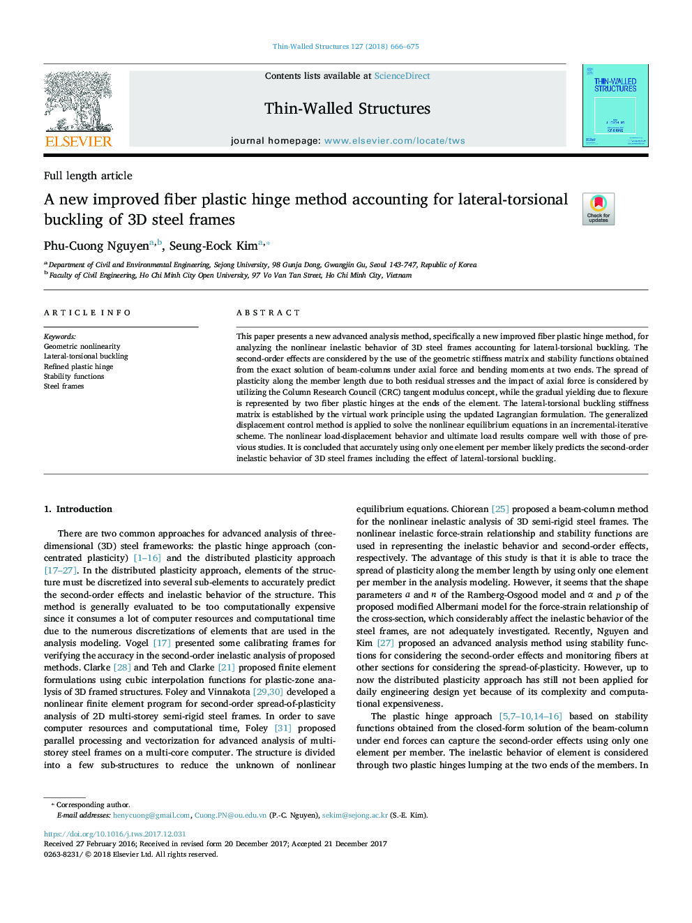 A new improved fiber plastic hinge method accounting for lateral-torsional buckling of 3D steel frames