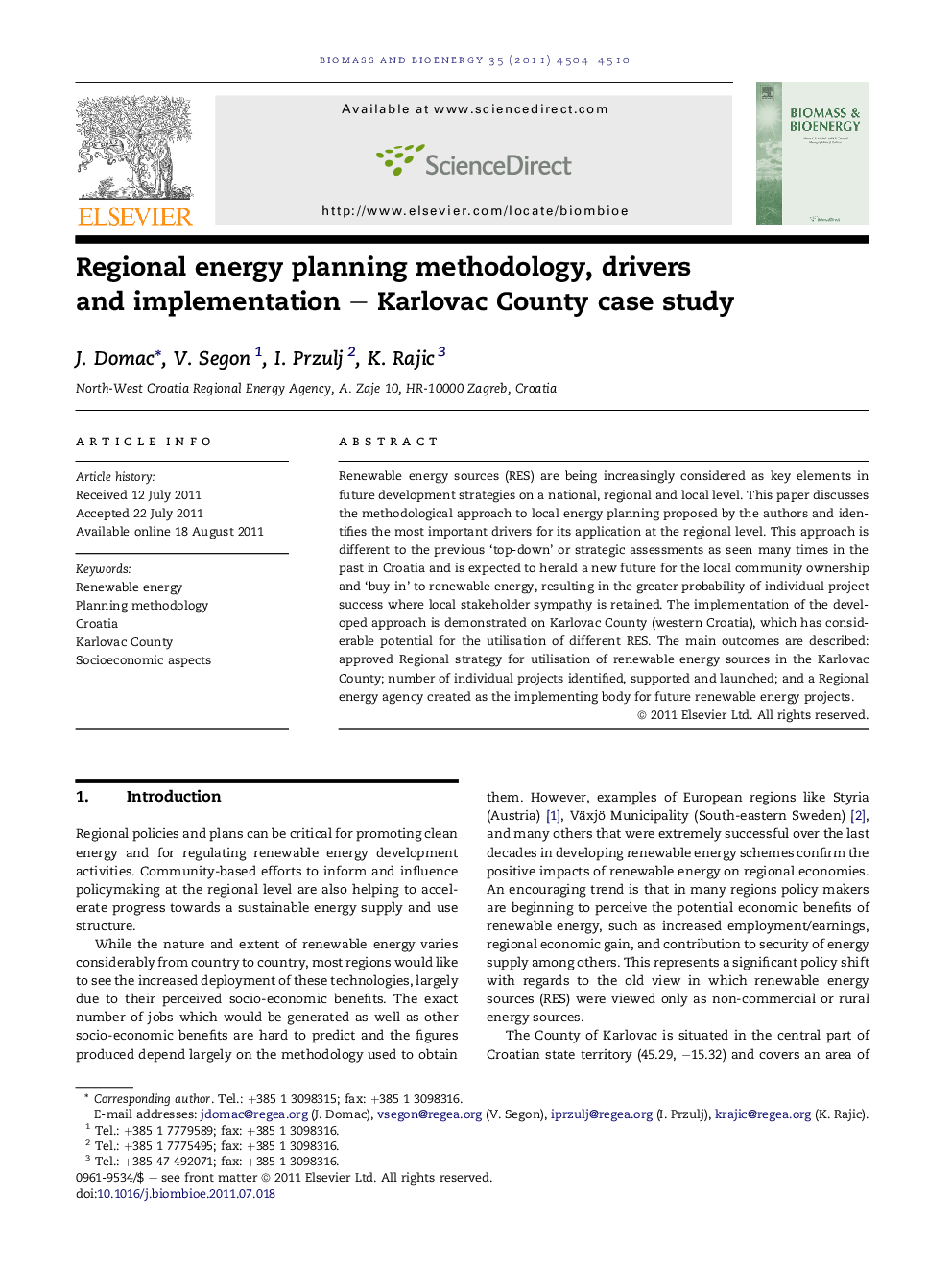 Regional energy planning methodology, drivers and implementation – Karlovac County case study