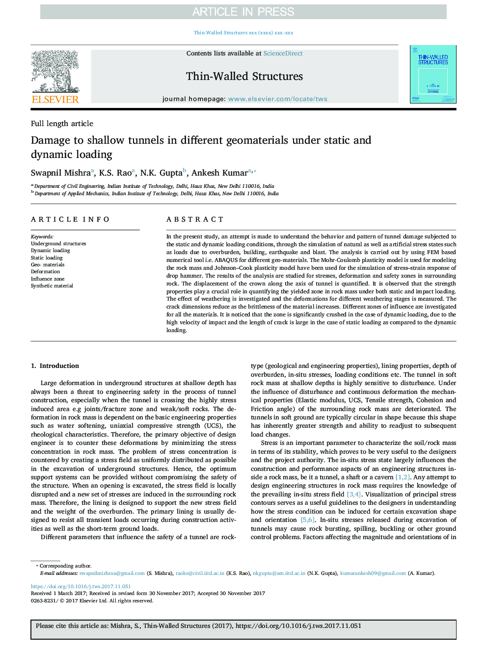 Damage to shallow tunnels in different geomaterials under static and dynamic loading