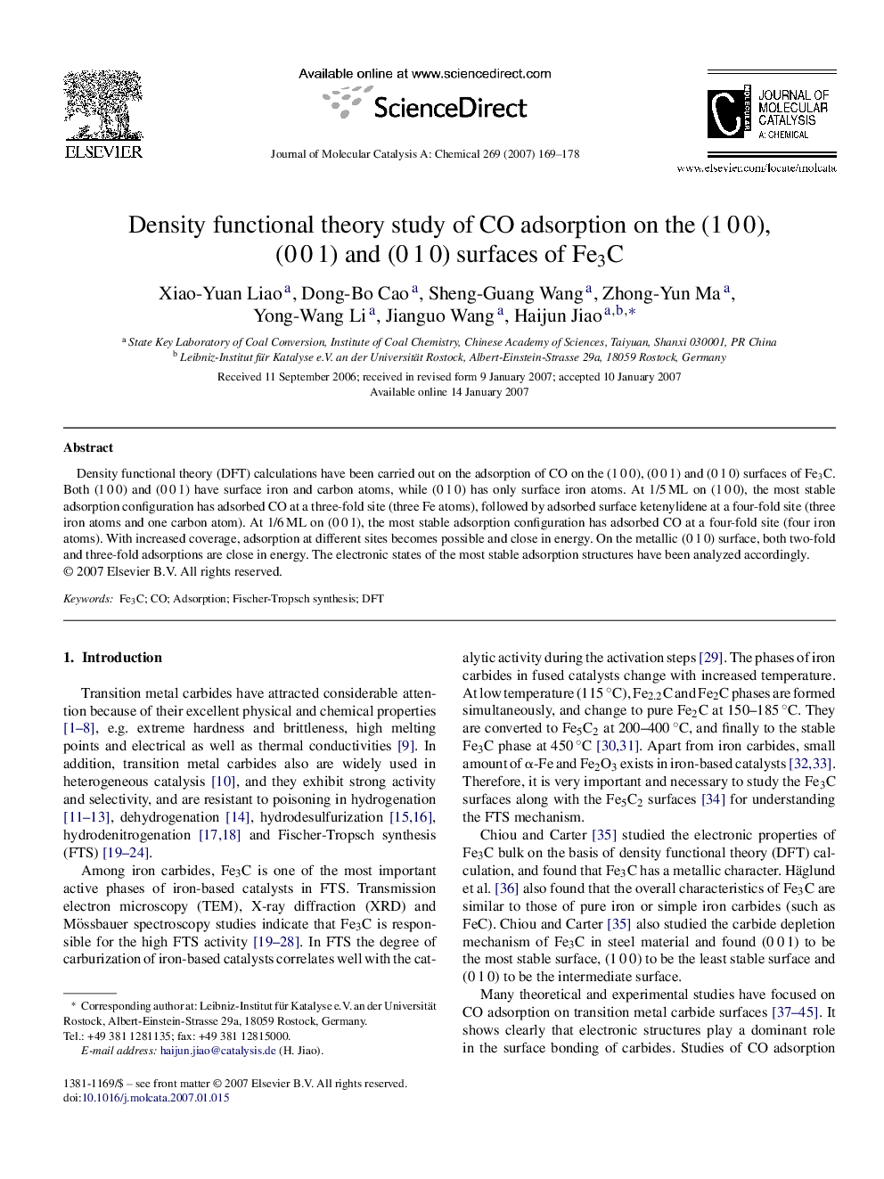 Density functional theory study of CO adsorption on the (1 0 0), (0 0 1) and (0 1 0) surfaces of Fe3C