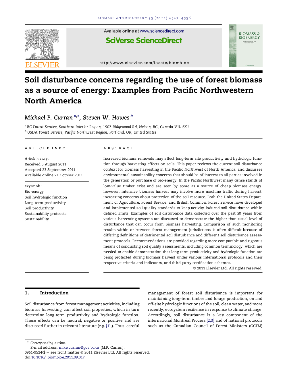 Soil disturbance concerns regarding the use of forest biomass as a source of energy: Examples from Pacific Northwestern North America