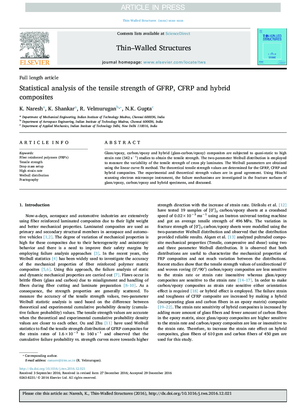 Statistical analysis of the tensile strength of GFRP, CFRP and hybrid composites