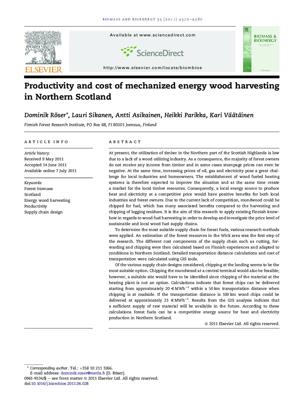 Productivity and cost of mechanized energy wood harvesting in Northern Scotland