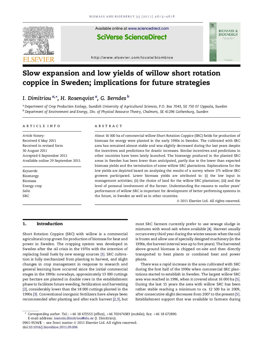 Slow expansion and low yields of willow short rotation coppice in Sweden; implications for future strategies