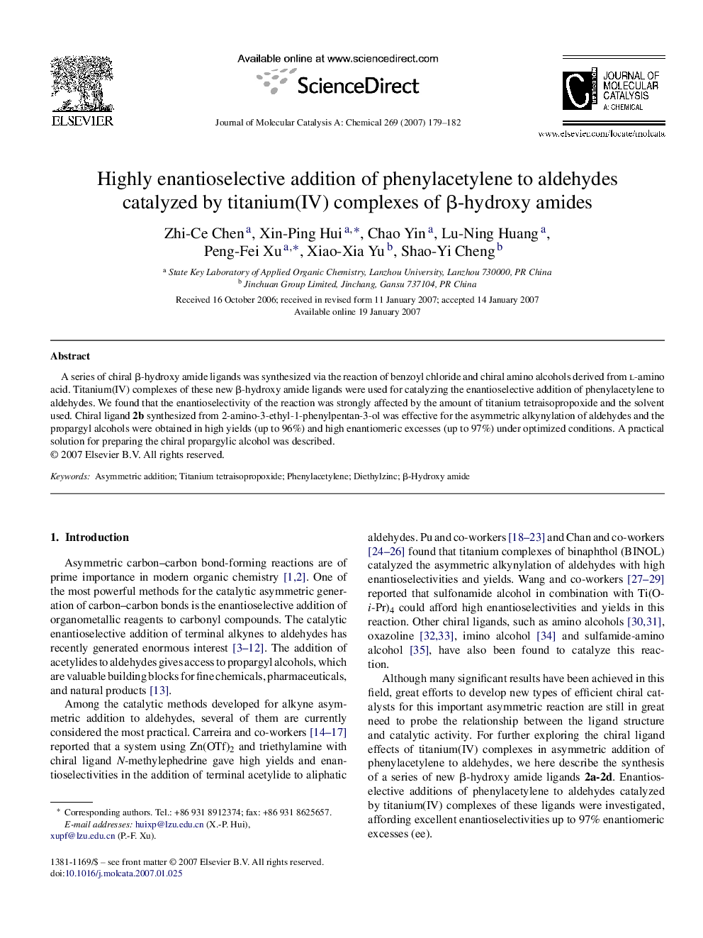 Highly enantioselective addition of phenylacetylene to aldehydes catalyzed by titanium(IV) complexes of β-hydroxy amides