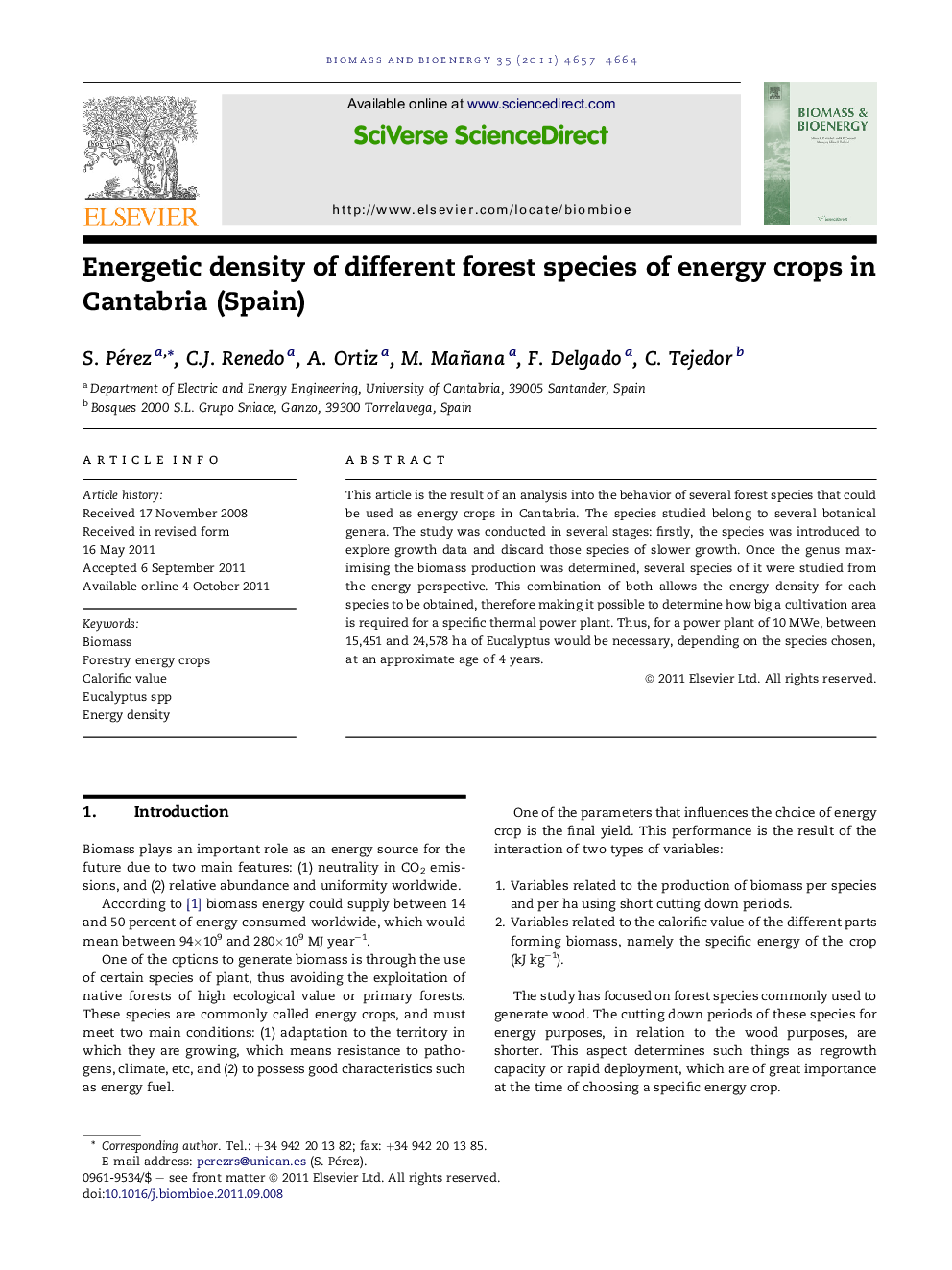 Energetic density of different forest species of energy crops in Cantabria (Spain)