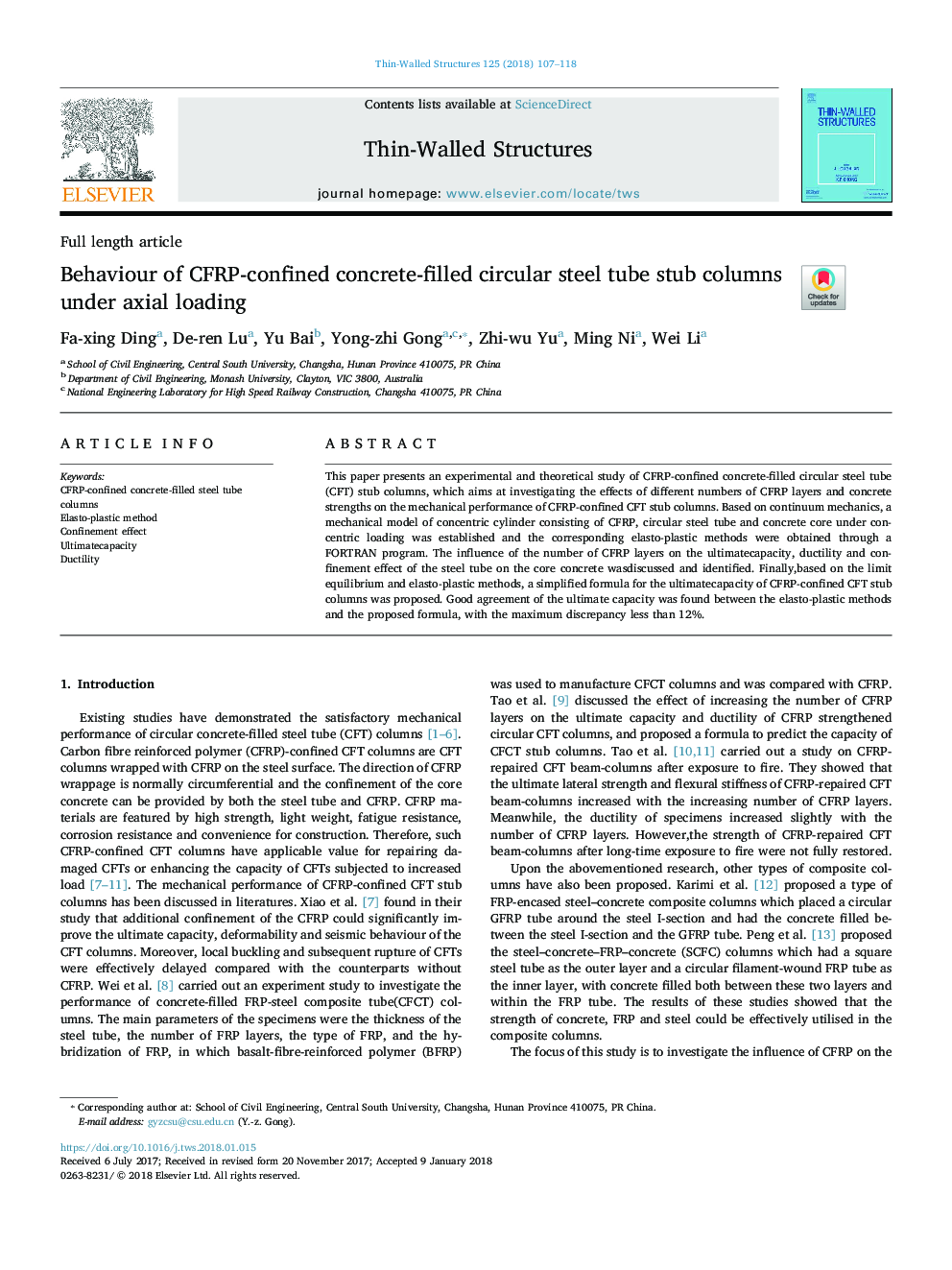 Behaviour of CFRP-confined concrete-filled circular steel tube stub columns under axial loading