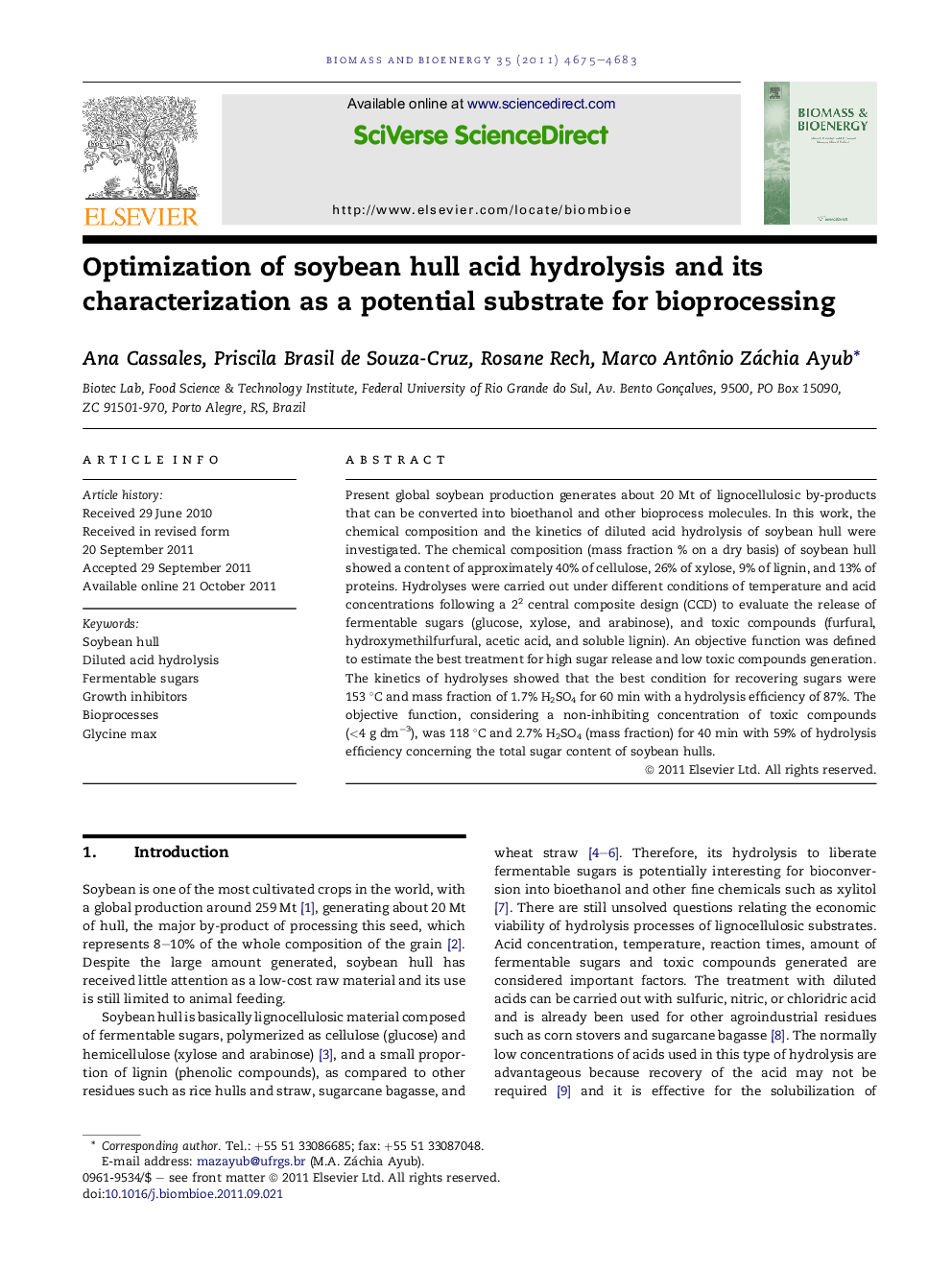 Optimization of soybean hull acid hydrolysis and its characterization as a potential substrate for bioprocessing