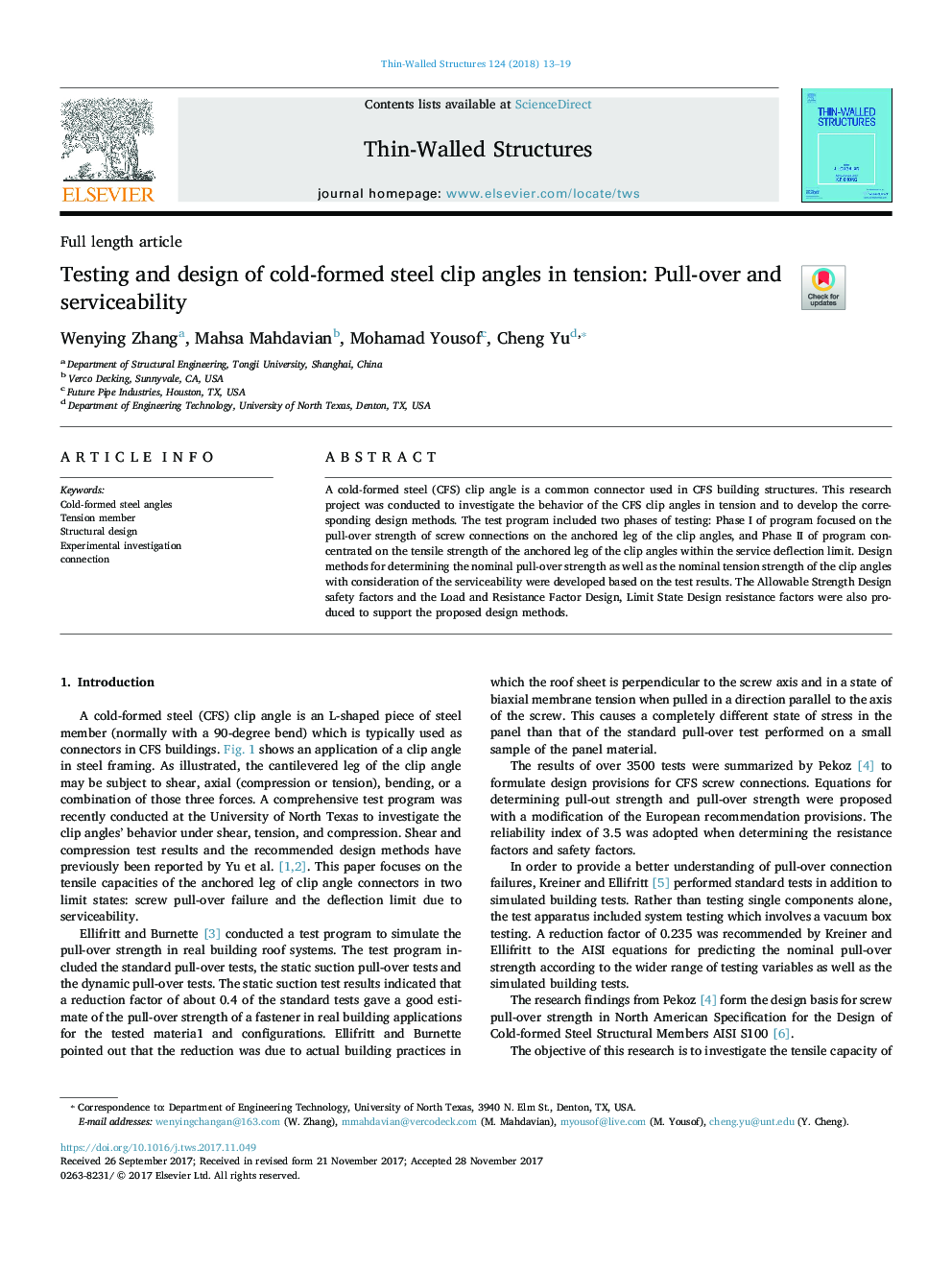 Testing and design of cold-formed steel clip angles in tension: Pull-over and serviceability