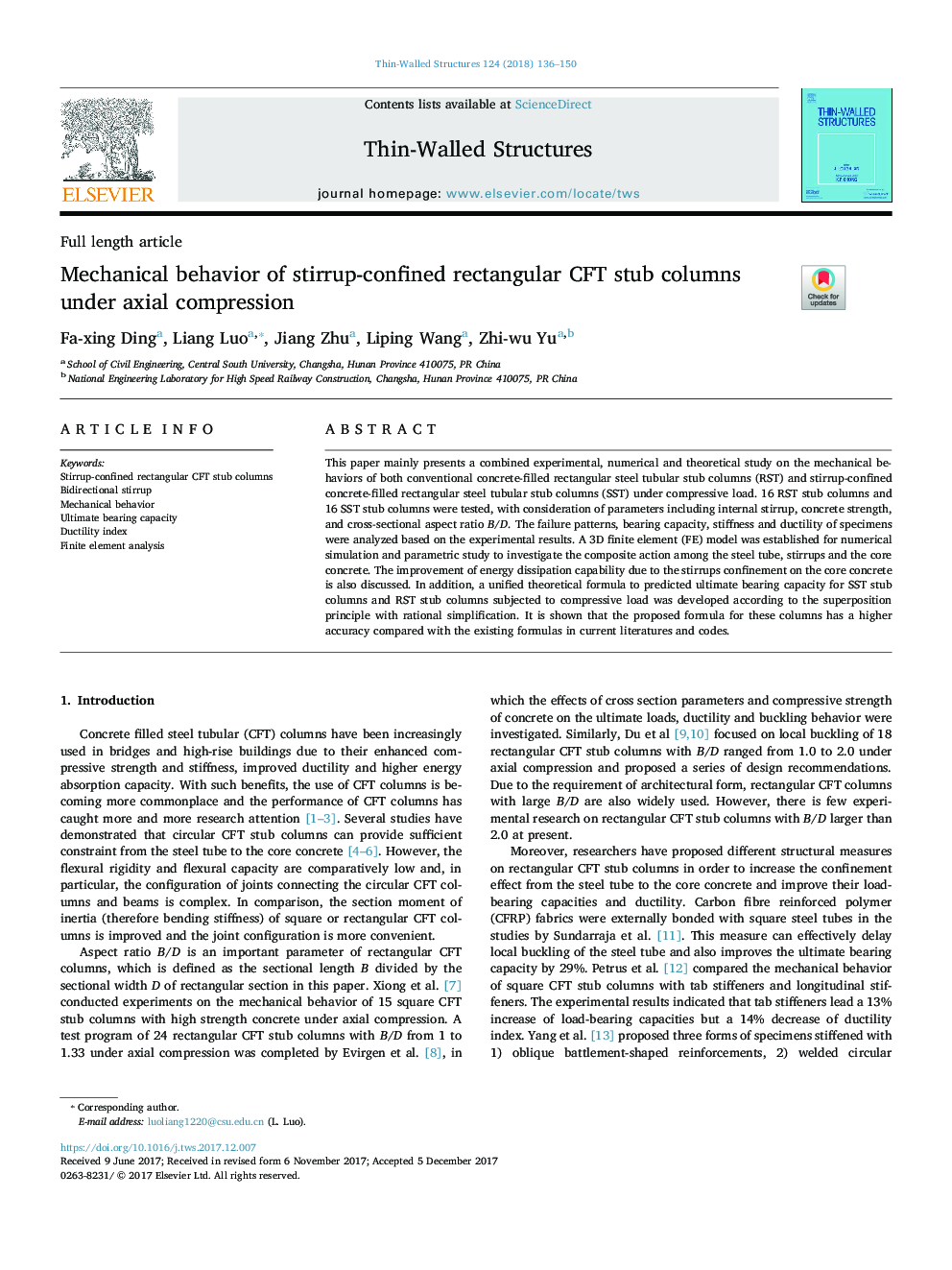 Mechanical behavior of stirrup-confined rectangular CFT stub columns under axial compression