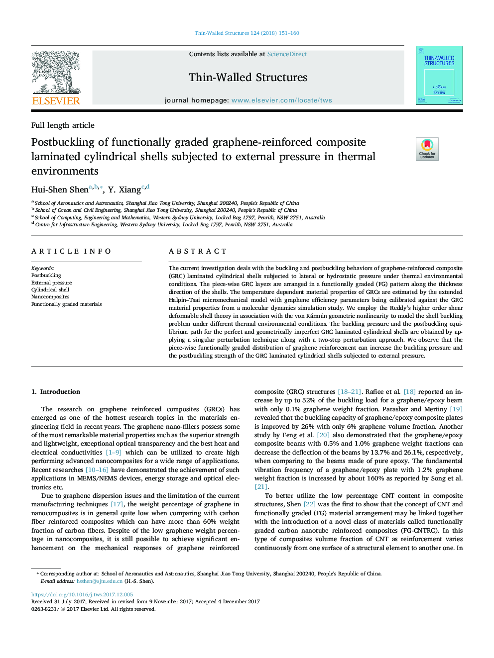 Postbuckling of functionally graded graphene-reinforced composite laminated cylindrical shells subjected to external pressure in thermal environments