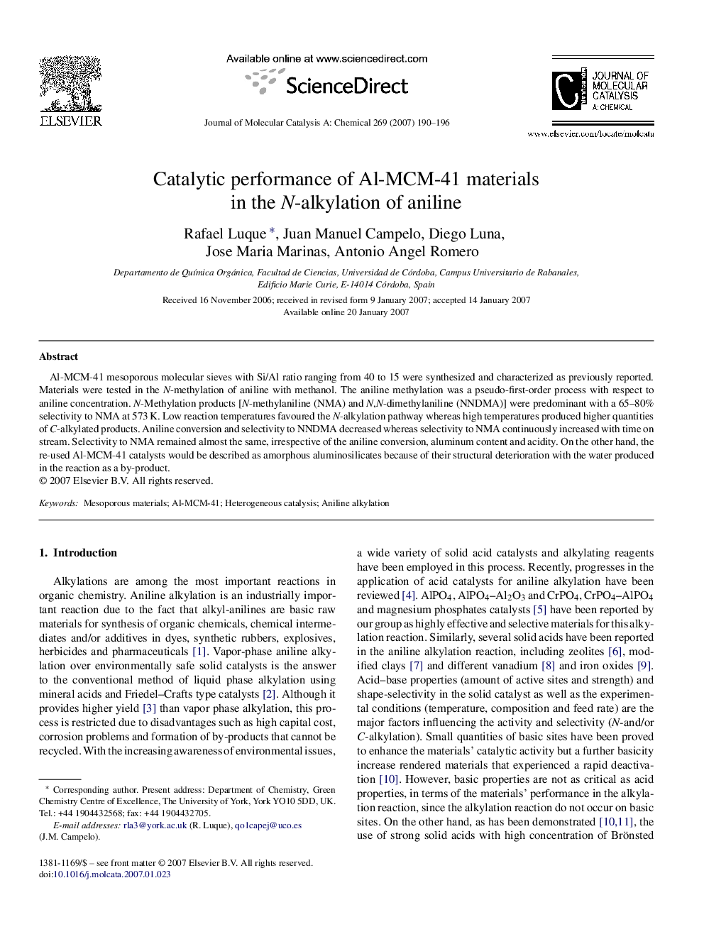 Catalytic performance of Al-MCM-41 materials in the N-alkylation of aniline