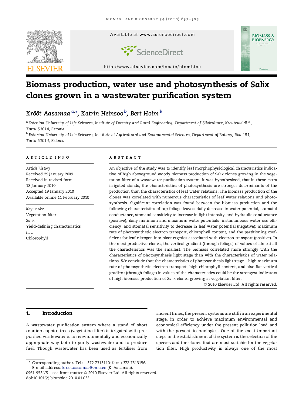 Biomass production, water use and photosynthesis of Salix clones grown in a wastewater purification system