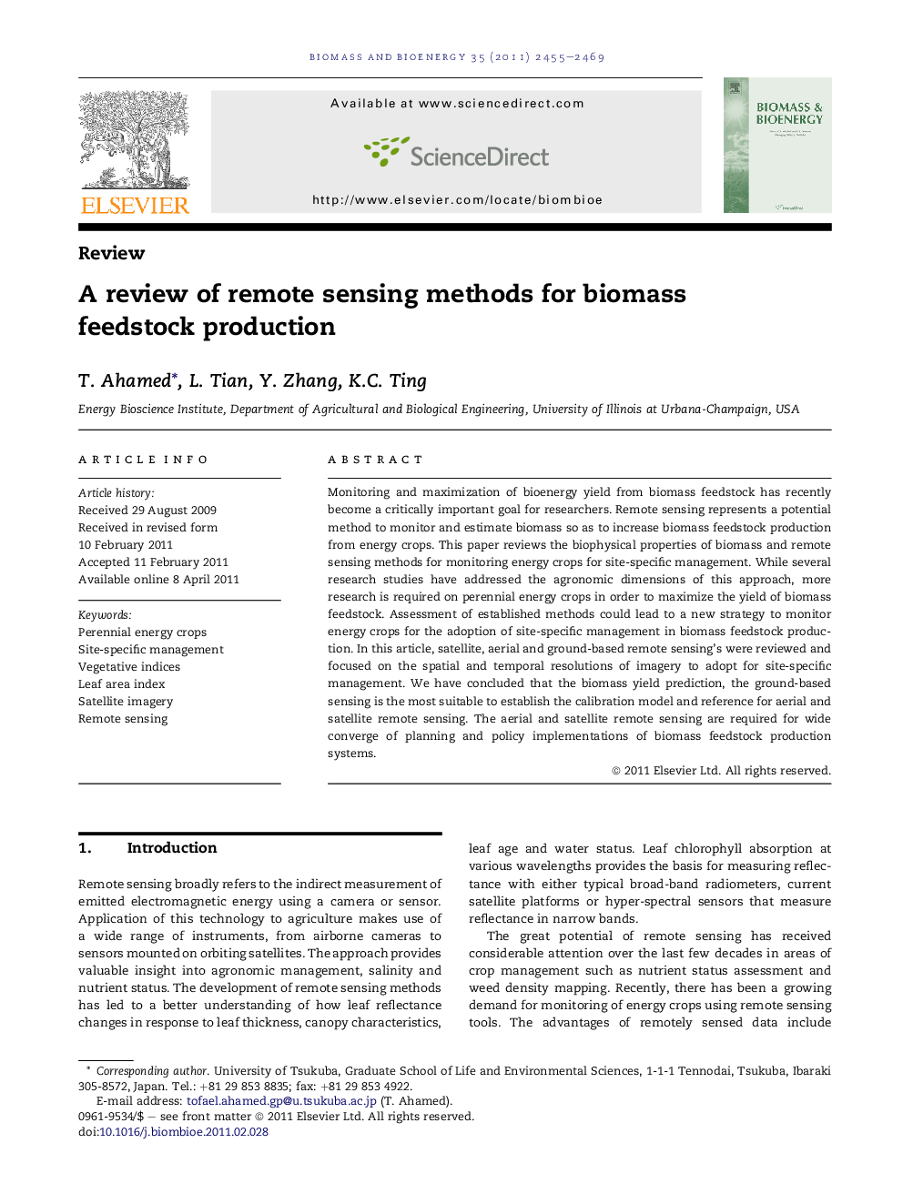 A review of remote sensing methods for biomass feedstock production