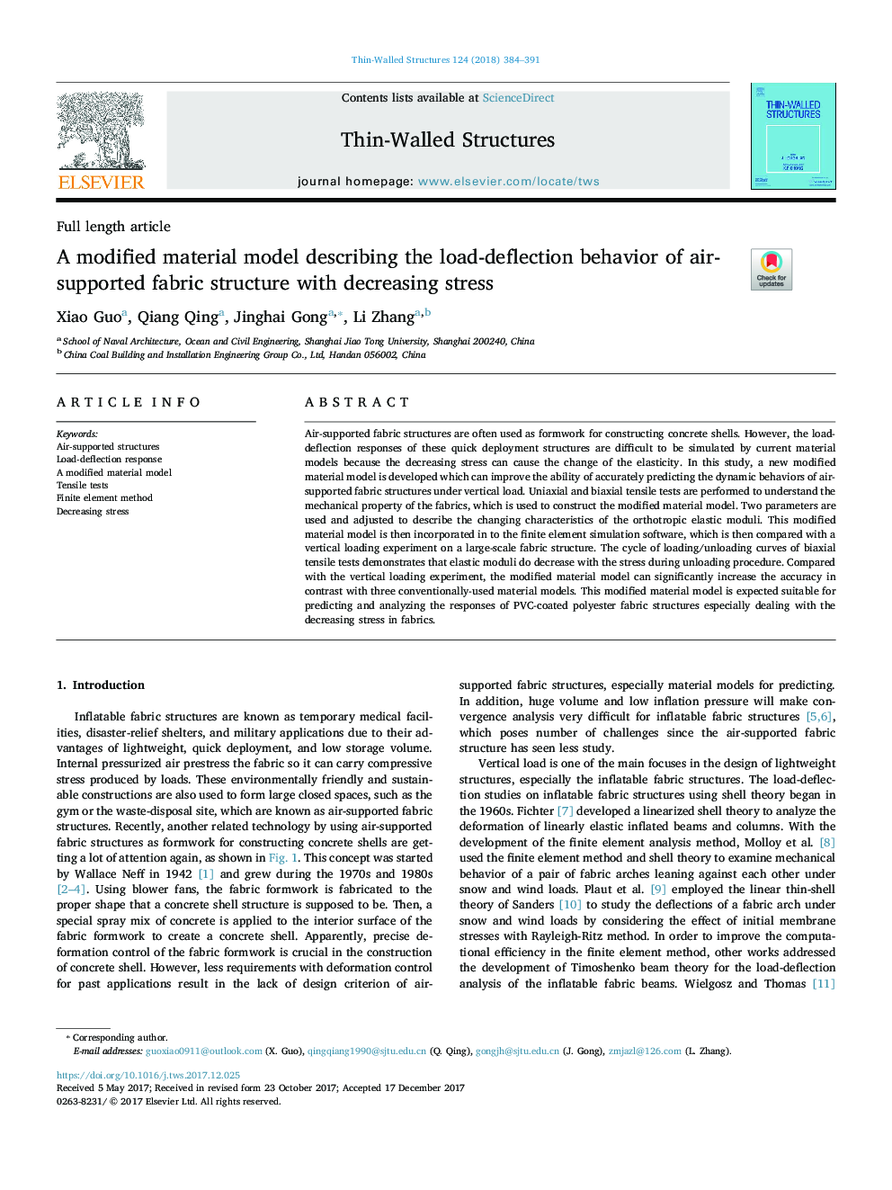 A modified material model describing the load-deflection behavior of air-supported fabric structure with decreasing stress