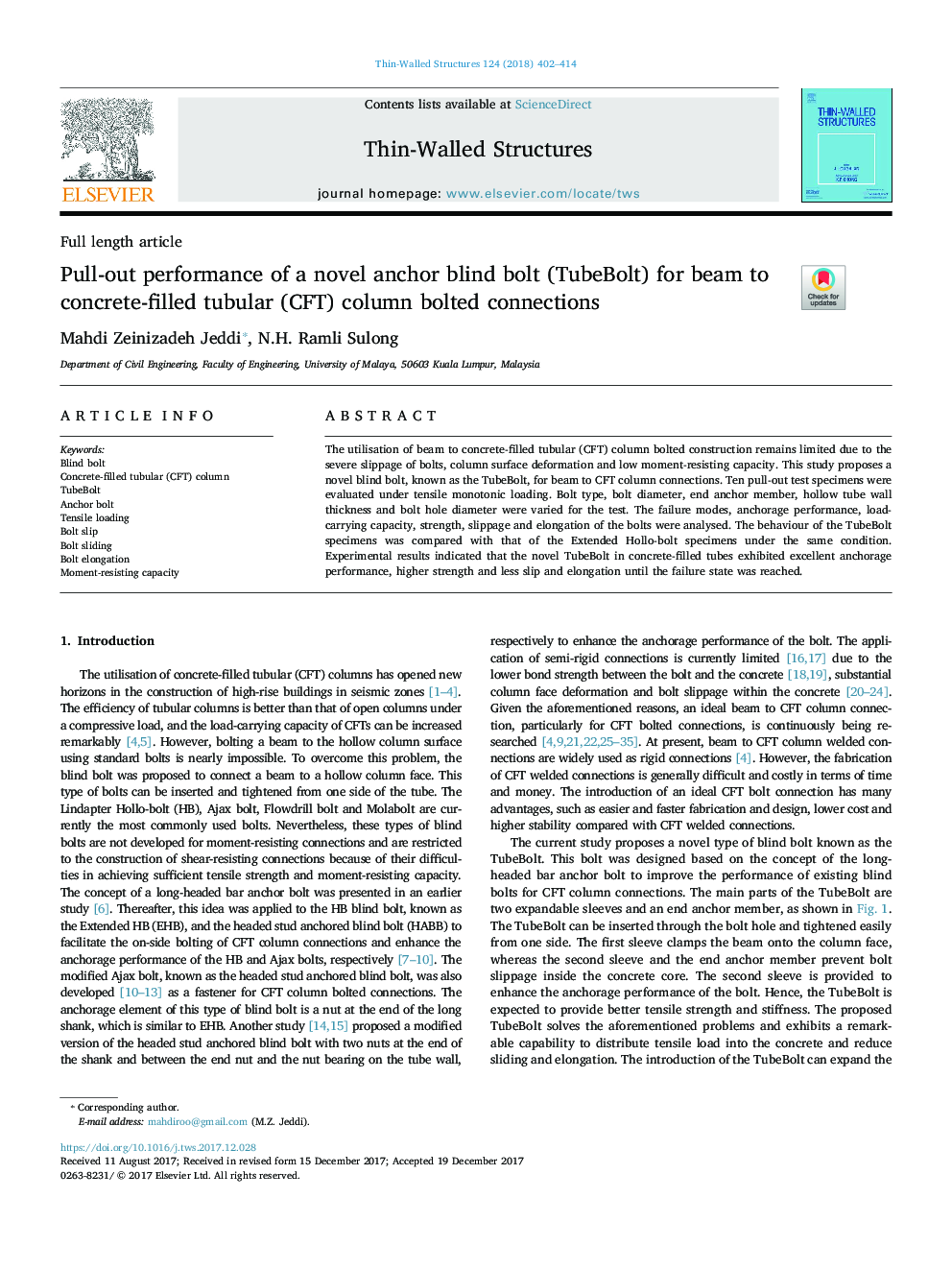 Pull-out performance of a novel anchor blind bolt (TubeBolt) for beam to concrete-filled tubular (CFT) column bolted connections