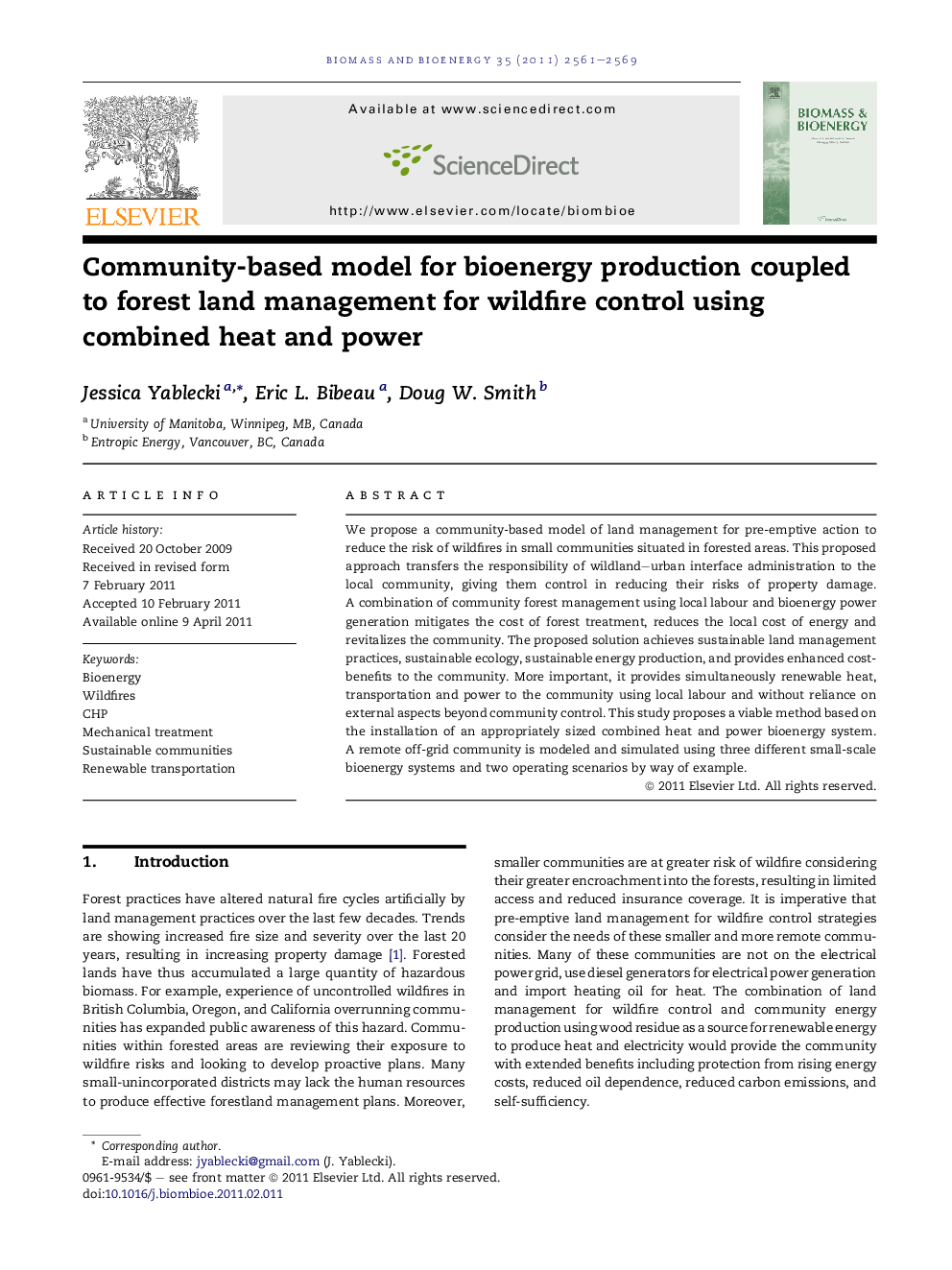 Community-based model for bioenergy production coupled to forest land management for wildfire control using combined heat and power