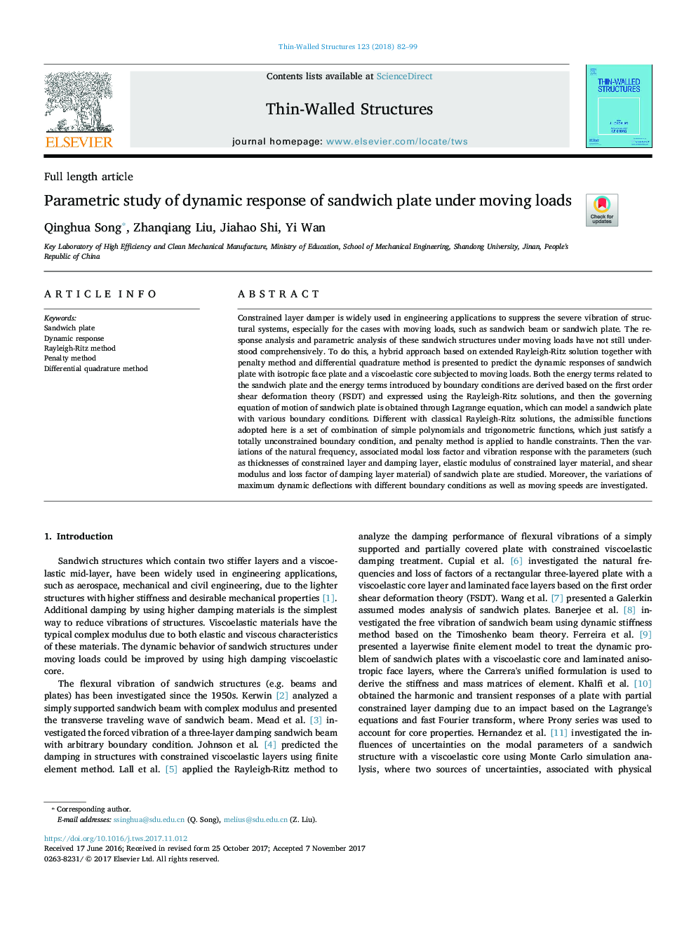 Parametric study of dynamic response of sandwich plate under moving loads