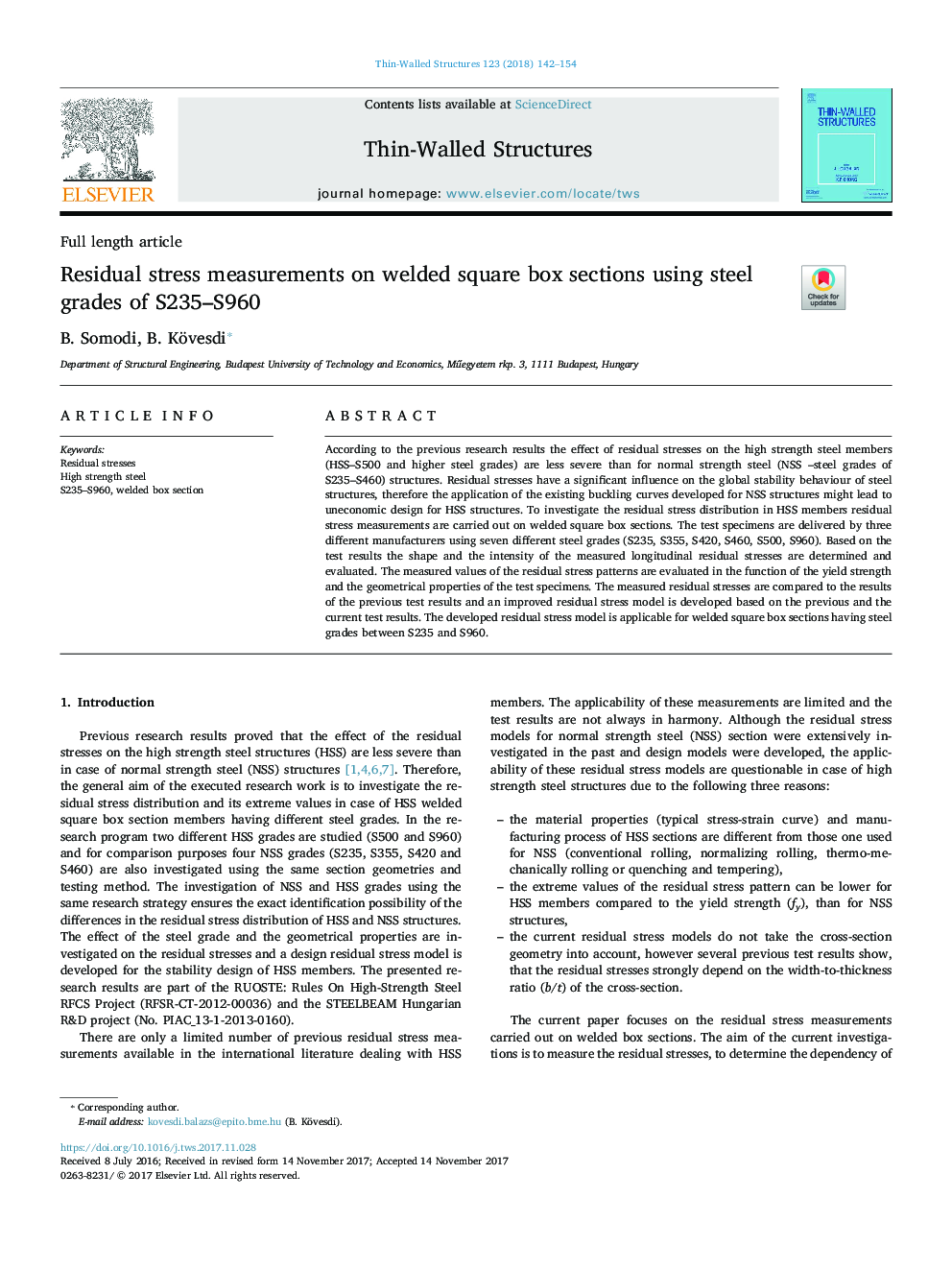 Residual stress measurements on welded square box sections using steel grades of S235-S960