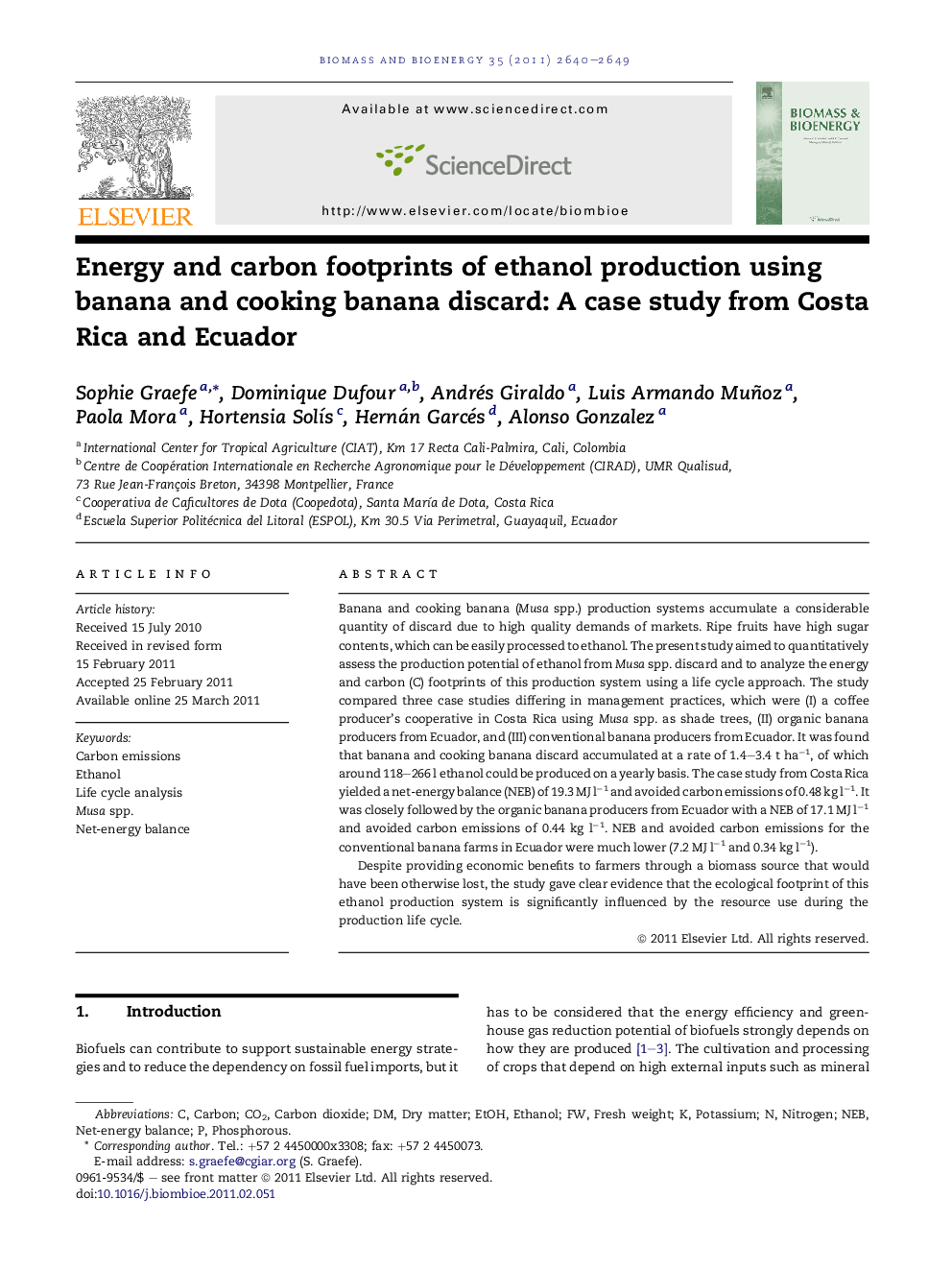 Energy and carbon footprints of ethanol production using banana and cooking banana discard: A case study from Costa Rica and Ecuador