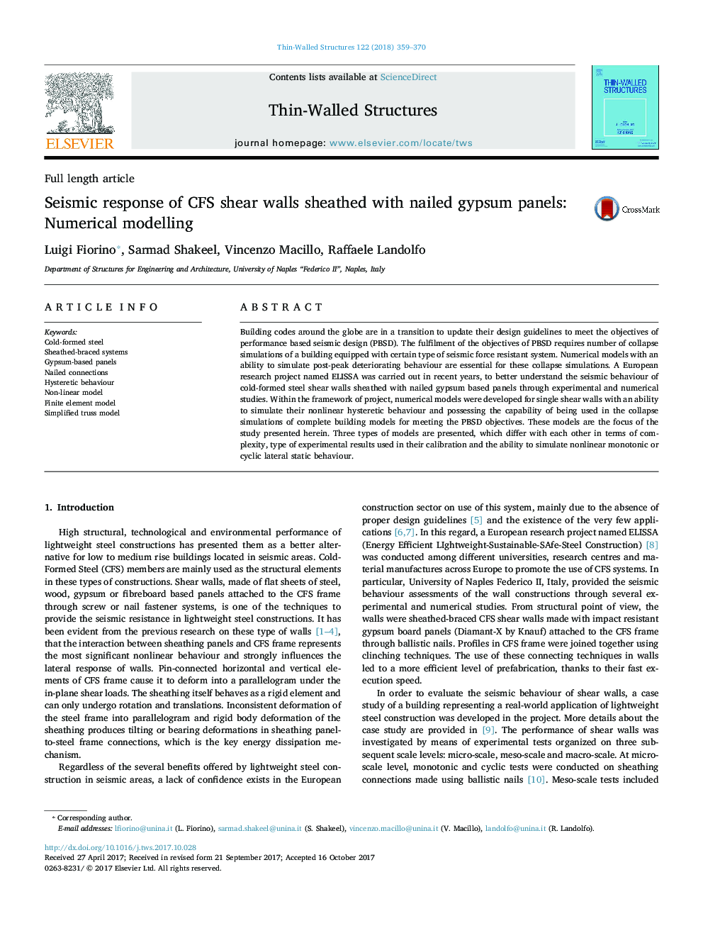 Seismic response of CFS shear walls sheathed with nailed gypsum panels: Numerical modelling