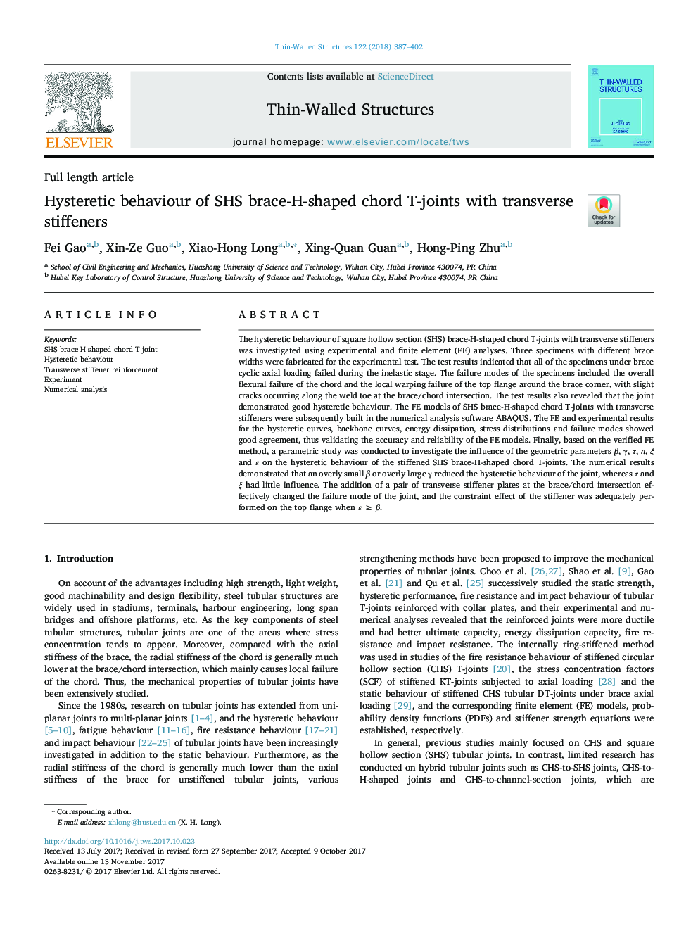 Hysteretic behaviour of SHS brace-H-shaped chord T-joints with transverse stiffeners