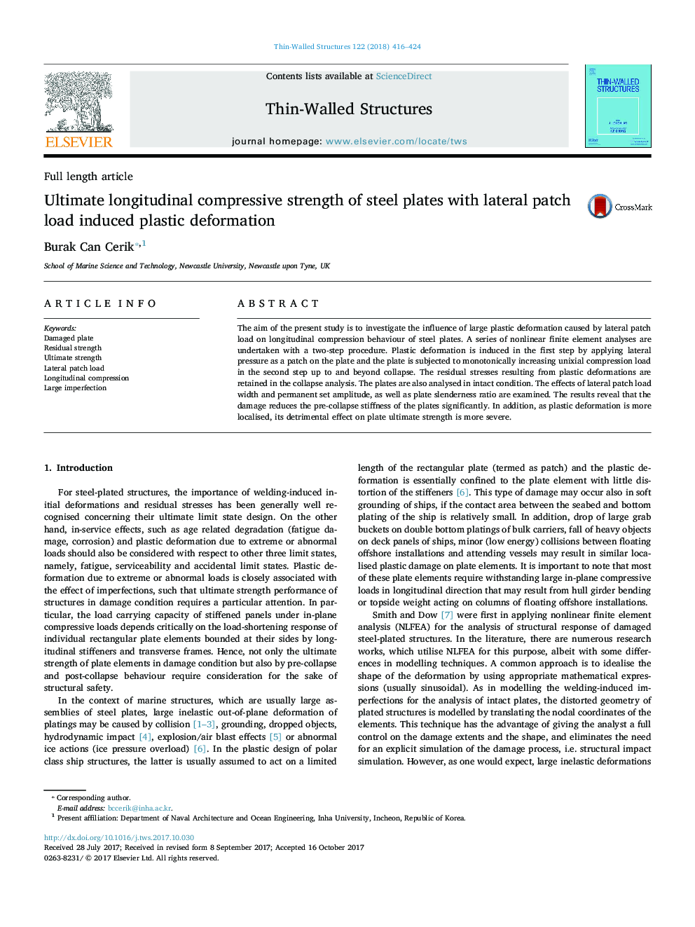 Ultimate longitudinal compressive strength of steel plates with lateral patch load induced plastic deformation