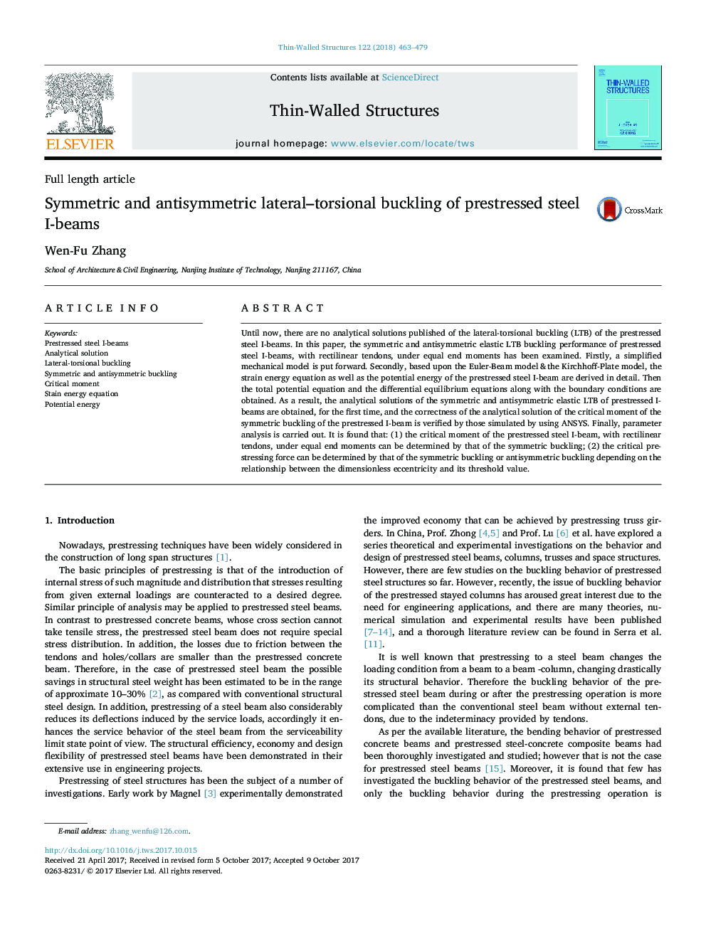 Symmetric and antisymmetric lateral-torsional buckling of prestressed steel I-beams