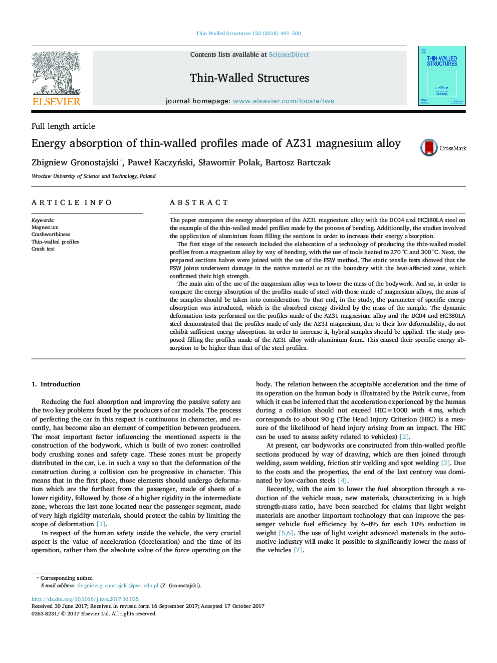 Energy absorption of thin-walled profiles made of AZ31 magnesium alloy