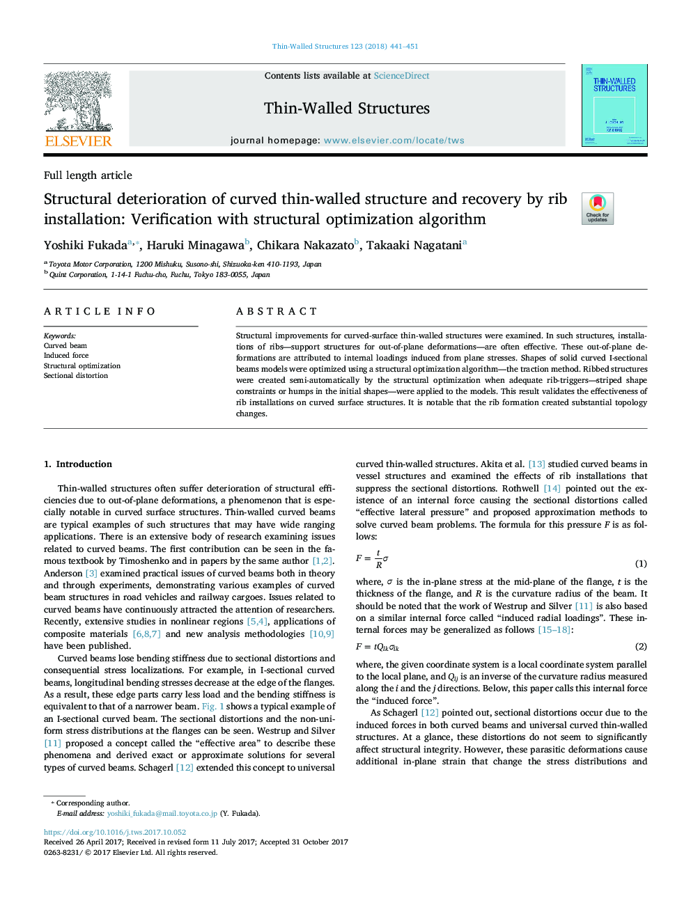 Structural deterioration of curved thin-walled structure and recovery by rib installation: Verification with structural optimization algorithm