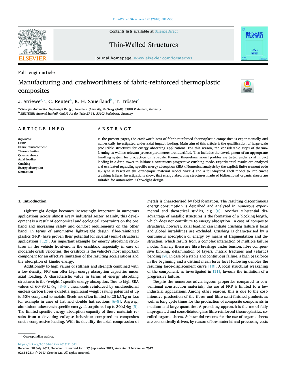 Manufacturing and crashworthiness of fabric-reinforced thermoplastic composites