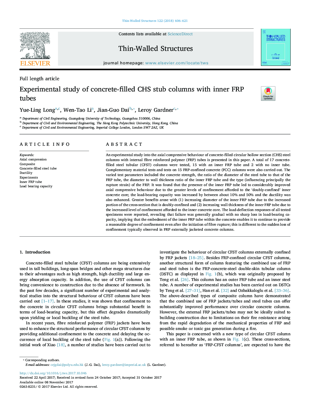 Experimental study of concrete-filled CHS stub columns with inner FRP tubes